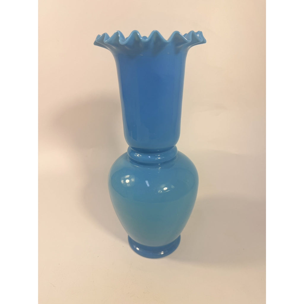 Blue Vase Bristol Glass Ruffled Antique Hand Blown Opaline Crimped Baluster-shaped Victorian Home Decor Decorative Accents Collectible