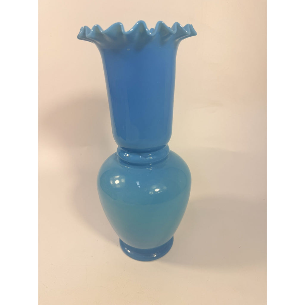 Blue Vase Bristol Glass Ruffled Antique Hand Blown Opaline Crimped Baluster-shaped Victorian Home Decor Decorative Accents Collectible
