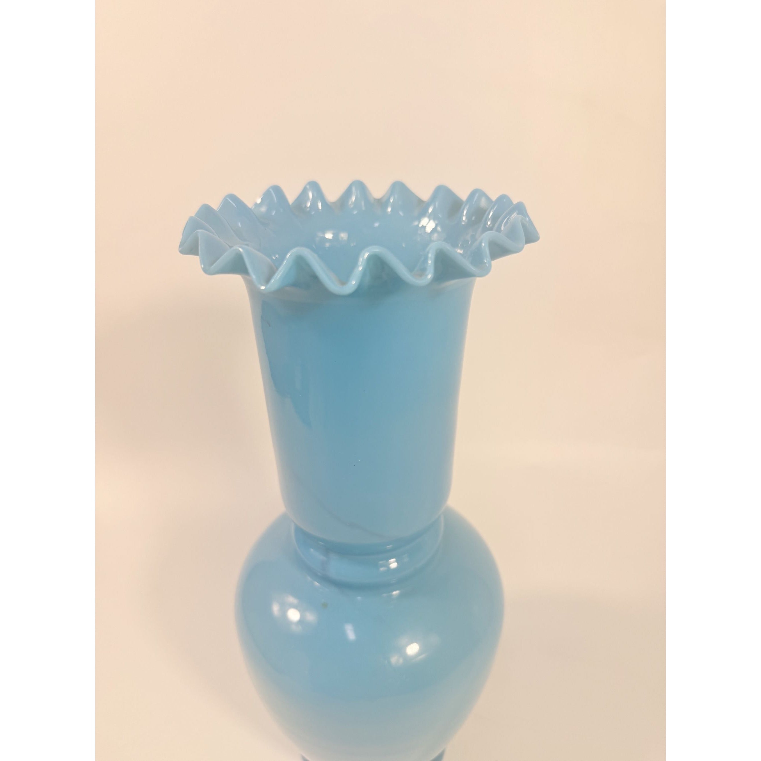 Blue Vase Bristol Glass Ruffled Antique Hand Blown Opaline Crimped Baluster-shaped Victorian Home Decor Decorative Accents Collectible