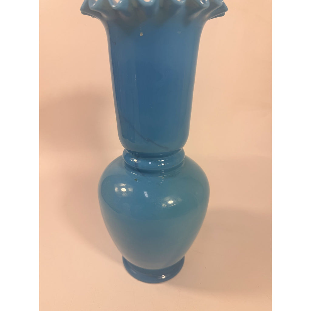 Blue Vase Bristol Glass Ruffled Antique Hand Blown Opaline Crimped Baluster-shaped Victorian Home Decor Decorative Accents Collectible