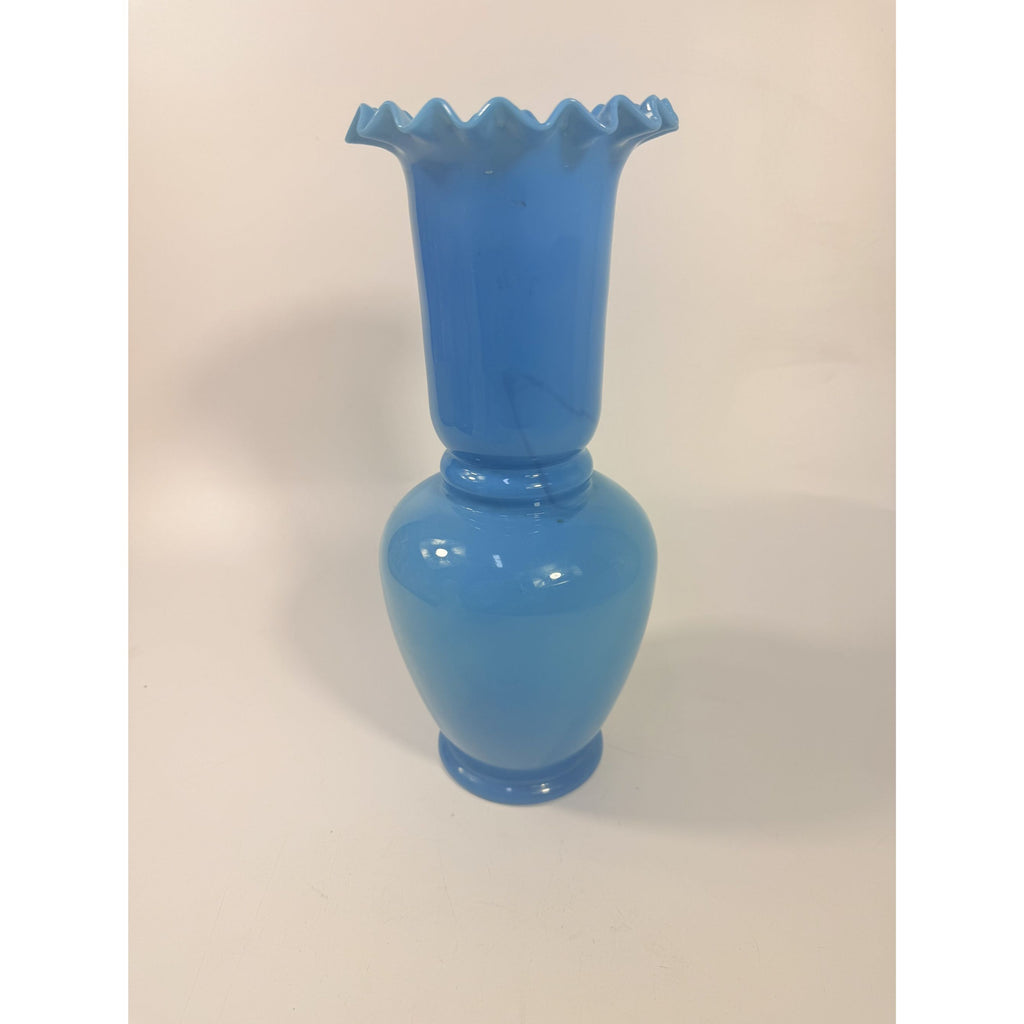 Blue Vase Bristol Glass Ruffled Antique Hand Blown Opaline Crimped Baluster-shaped Victorian Home Decor Decorative Accents Collectible