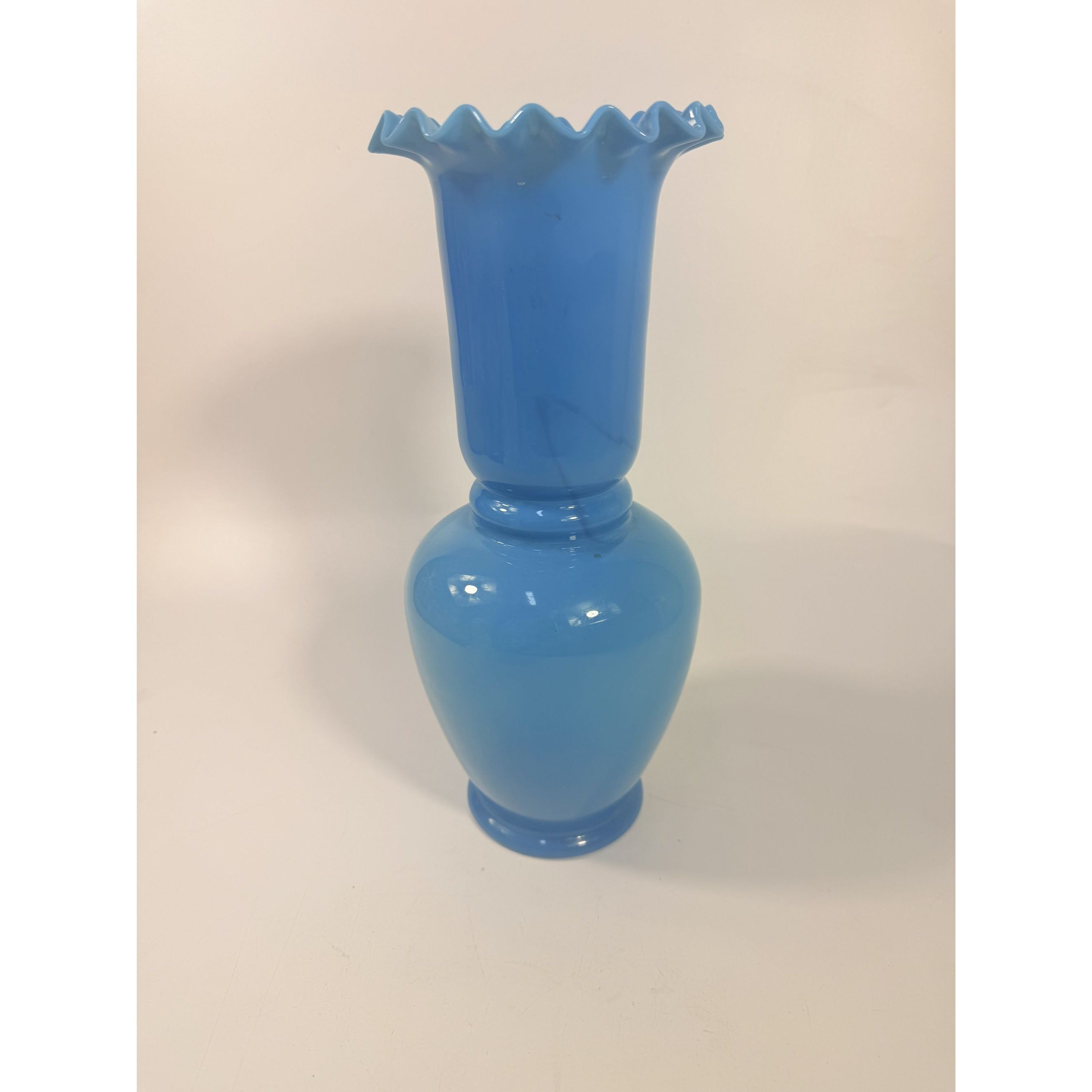 Blue Vase Bristol Glass Ruffled Antique Hand Blown Opaline Crimped Baluster-shaped Victorian Home Decor Decorative Accents Collectible