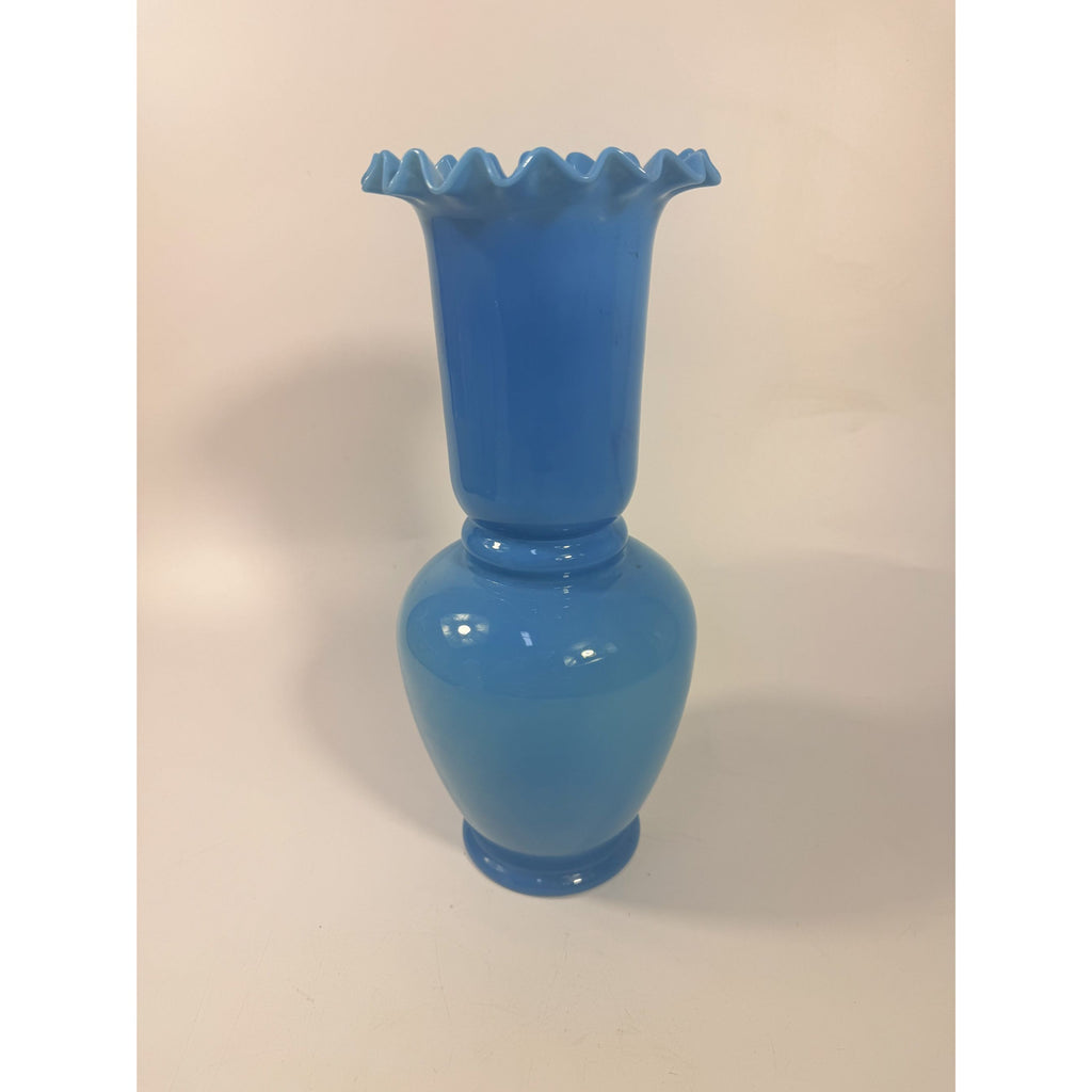 Blue Vase Bristol Glass Ruffled Antique Hand Blown Opaline Crimped Baluster-shaped Victorian Home Decor Decorative Accents Collectible