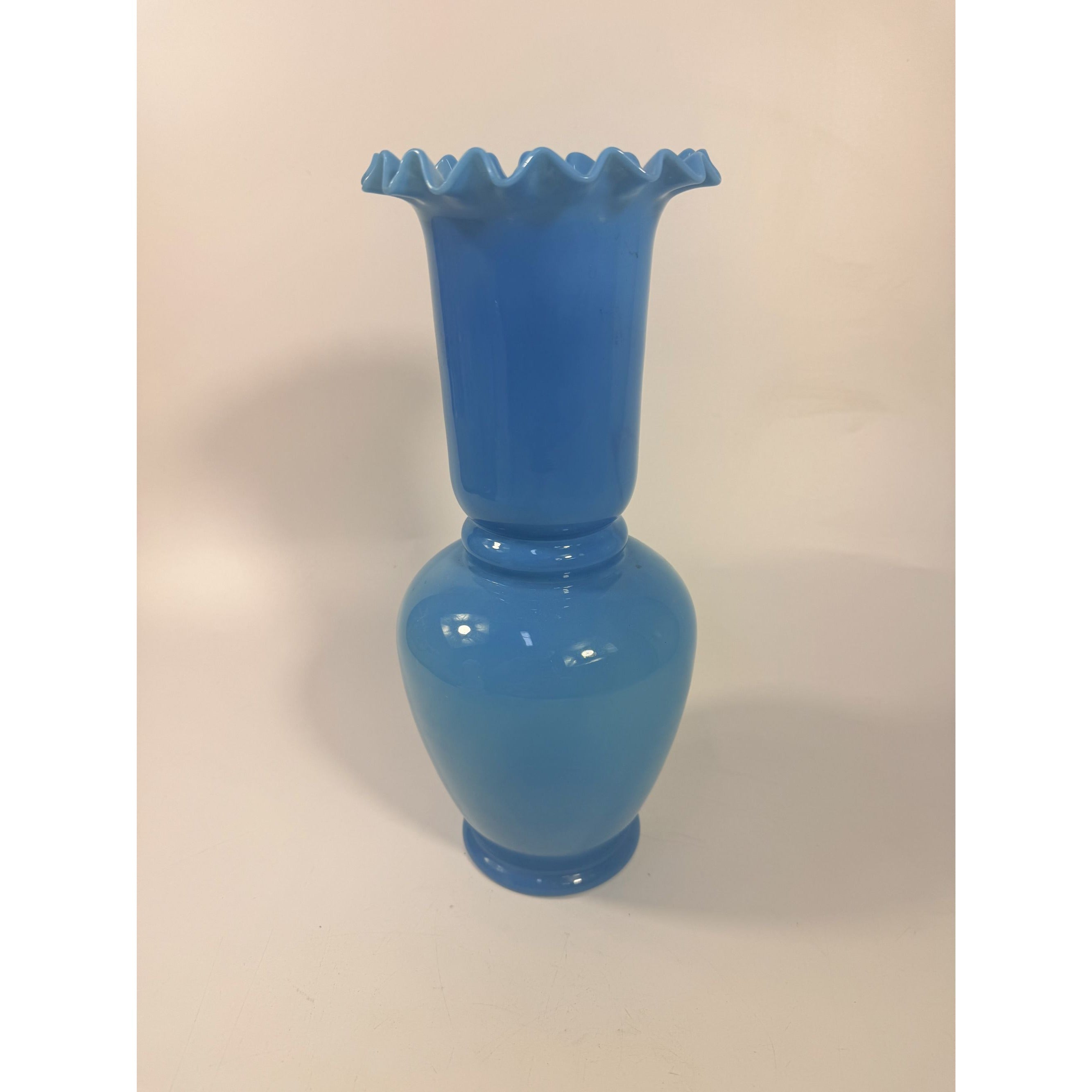 Blue Vase Bristol Glass Ruffled Antique Hand Blown Opaline Crimped Baluster-shaped Victorian Home Decor Decorative Accents Collectible