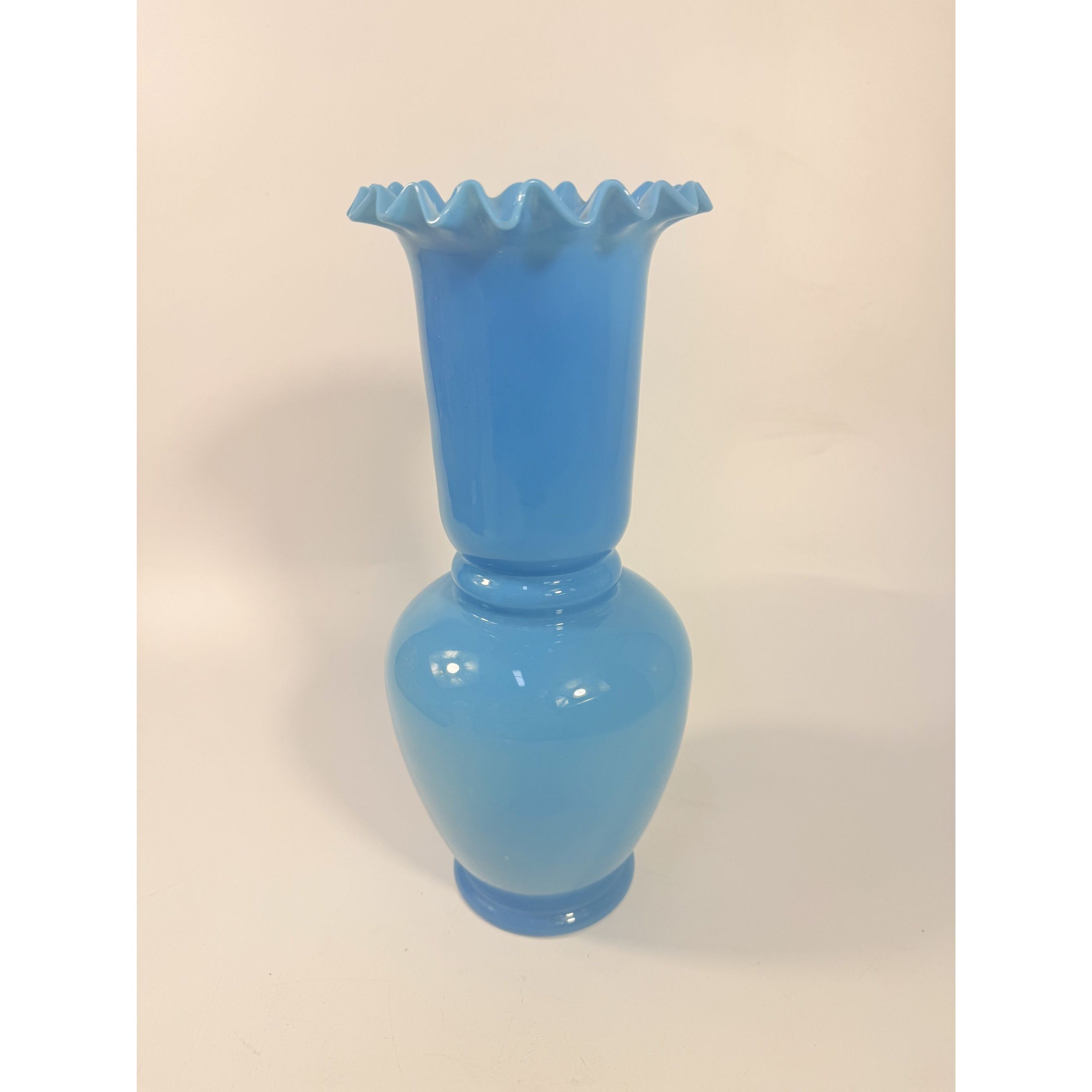 Blue Vase Bristol Glass Ruffled Antique Hand Blown Opaline Crimped Baluster-shaped Victorian Home Decor Decorative Accents Collectible