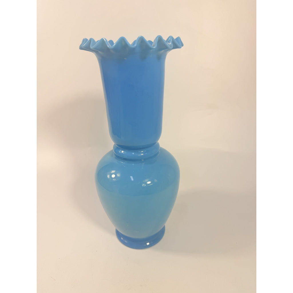 Blue Vase Bristol Glass Ruffled Antique Hand Blown Opaline Crimped Baluster-shaped Victorian Home Decor Decorative Accents Collectible
