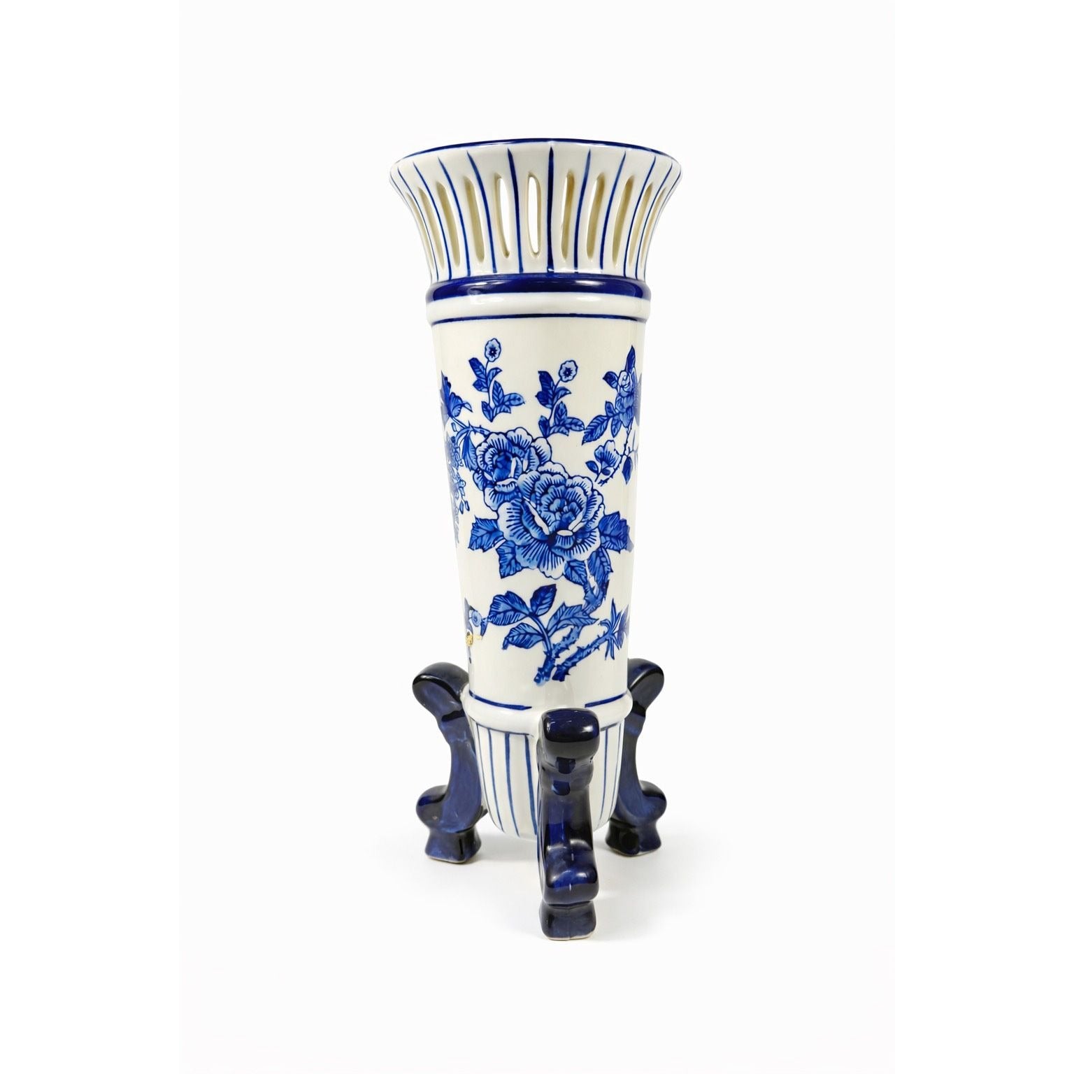 Footed Trumpet Vase Chinoiserie Tall Cobalt Blue & White Porcelain Floral Retuculated Rim Home Decor Centerpiece Vintage Traditional Home