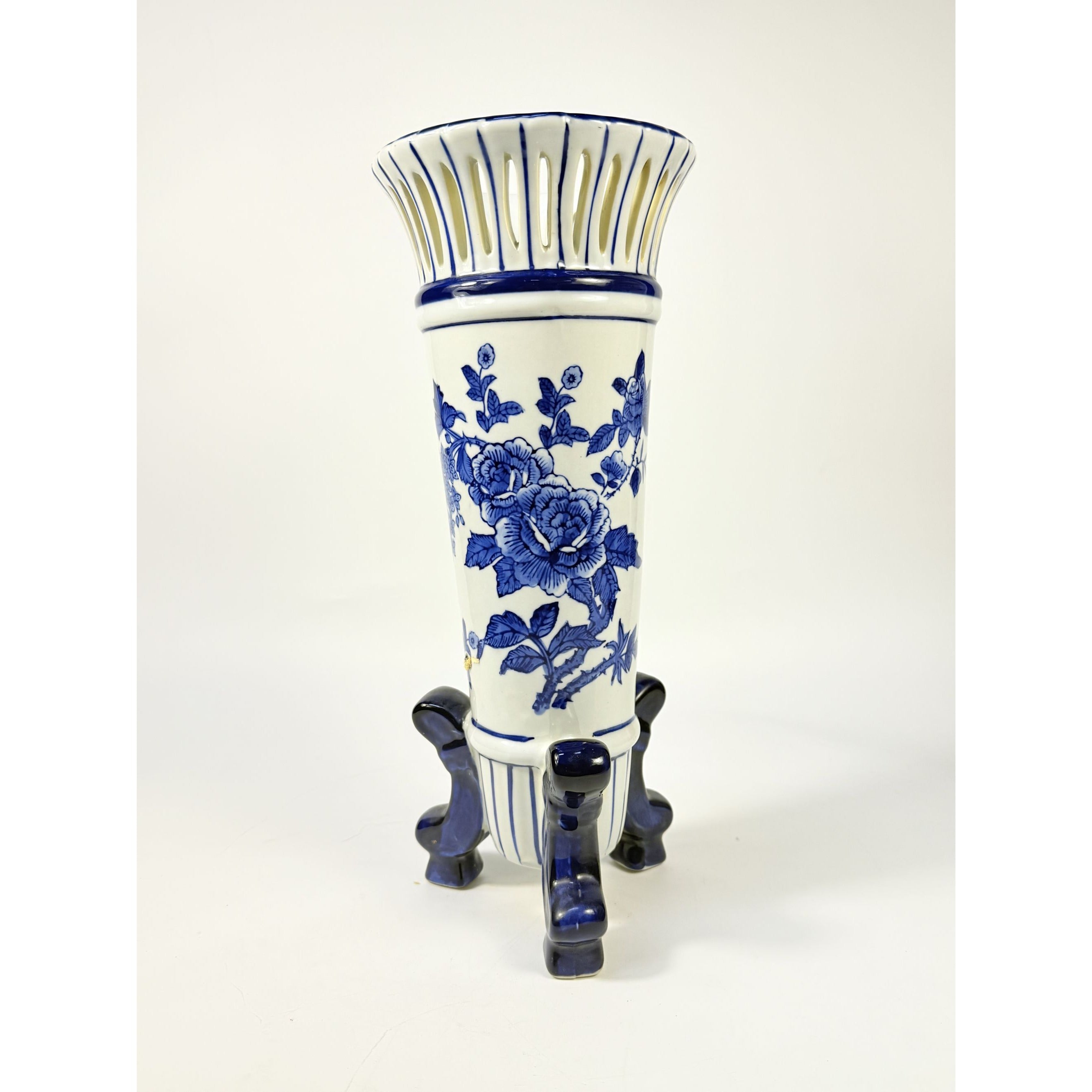 Footed Trumpet Vase Chinoiserie Tall Cobalt Blue & White Porcelain Floral Retuculated Rim Home Decor Centerpiece Vintage Traditional Home