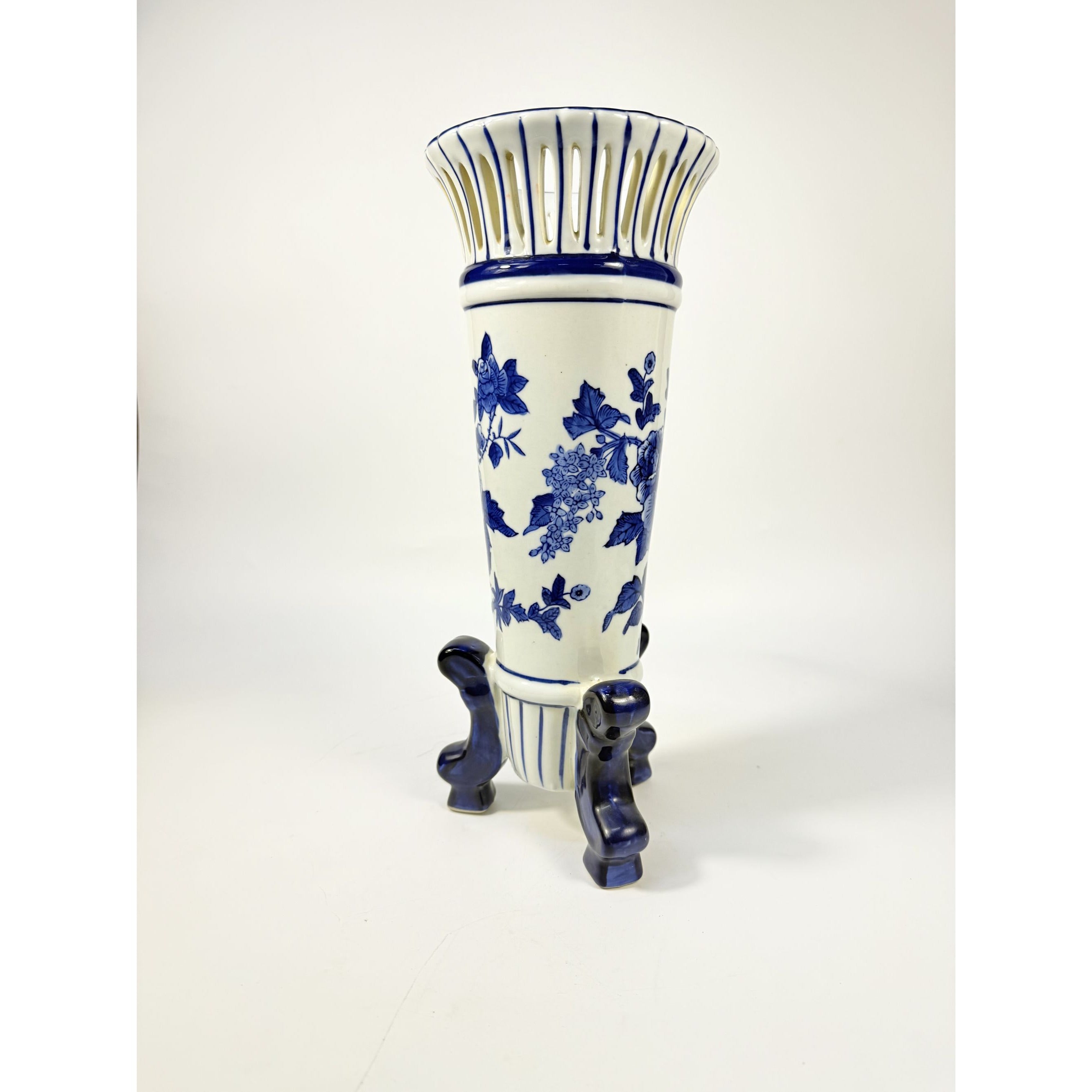 Footed Trumpet Vase Chinoiserie Tall Cobalt Blue & White Porcelain Floral Retuculated Rim Home Decor Centerpiece Vintage Traditional Home