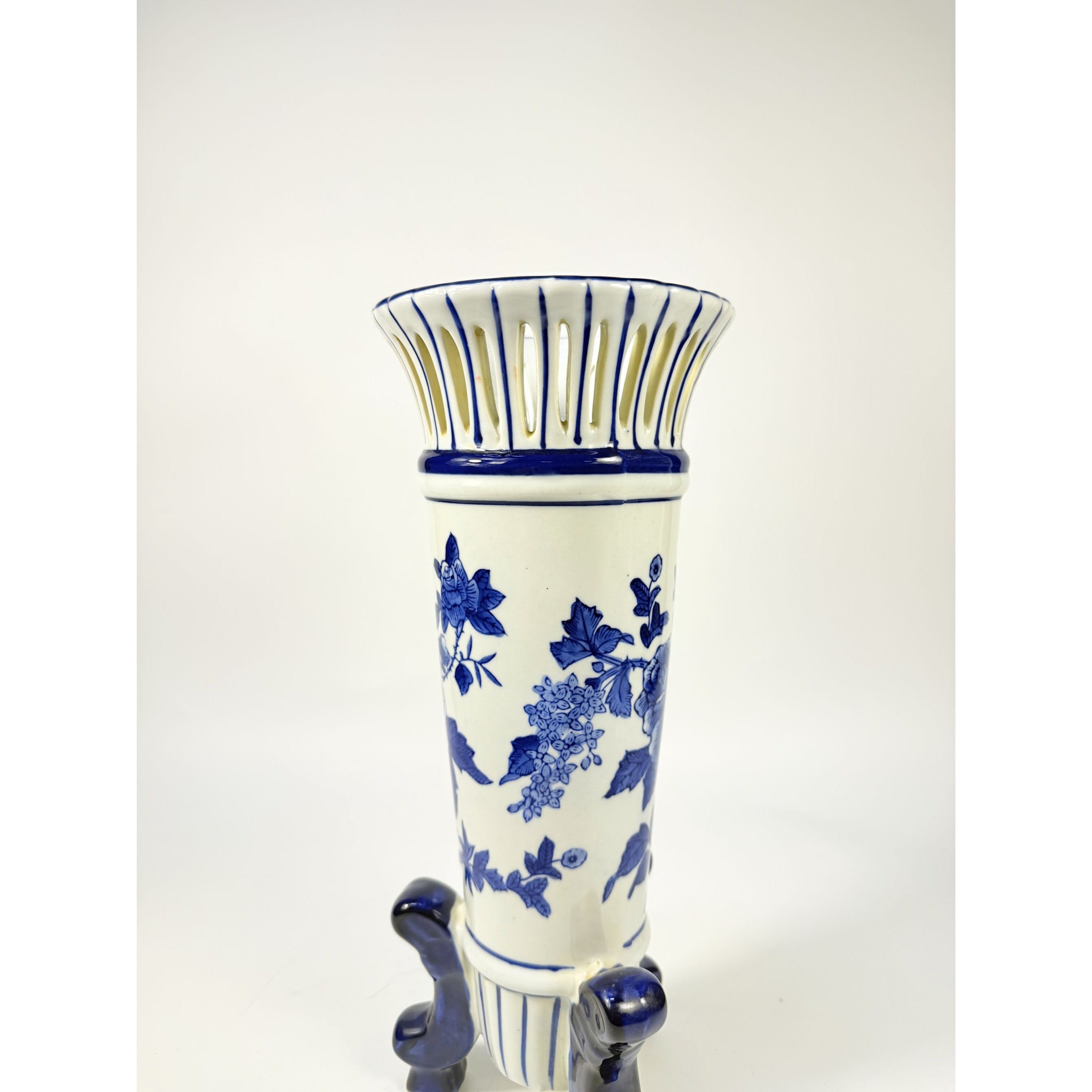 Footed Trumpet Vase Chinoiserie Tall Cobalt Blue & White Porcelain Floral Retuculated Rim Home Decor Centerpiece Vintage Traditional Home