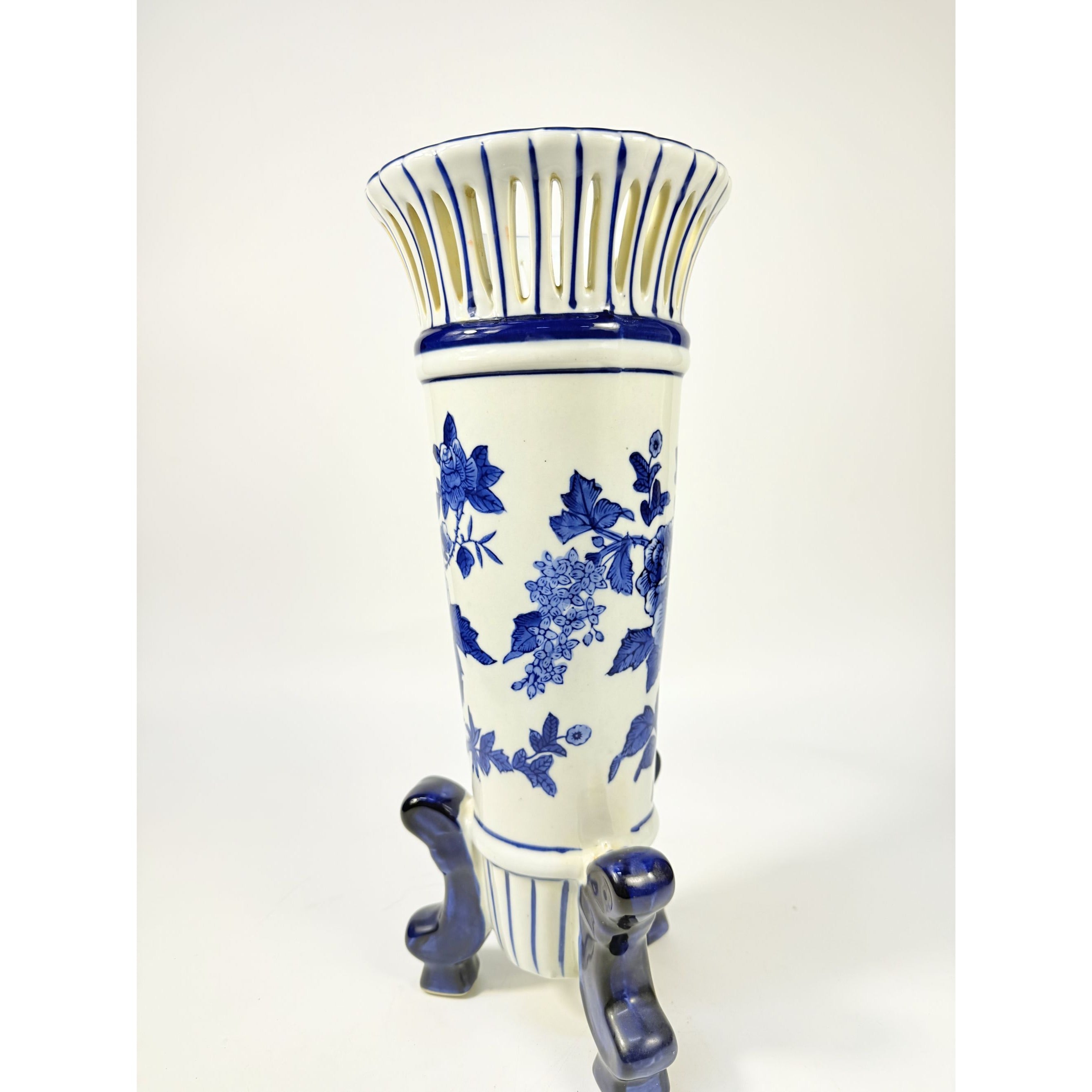 Footed Trumpet Vase Chinoiserie Tall Cobalt Blue & White Porcelain Floral Retuculated Rim Home Decor Centerpiece Vintage Traditional Home