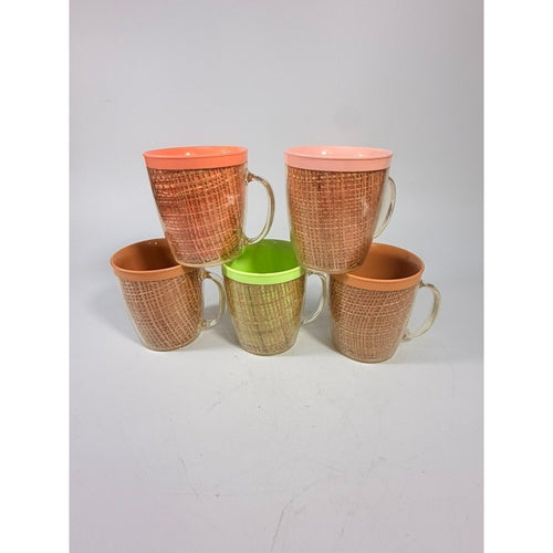 Coffee Mugs Raffiaware Thermal Insulated Melmac Burlap 3.5” Pastels MCM Set of 5 Clear Handle Tiki Barware Serveware Mid Century Kitchen
