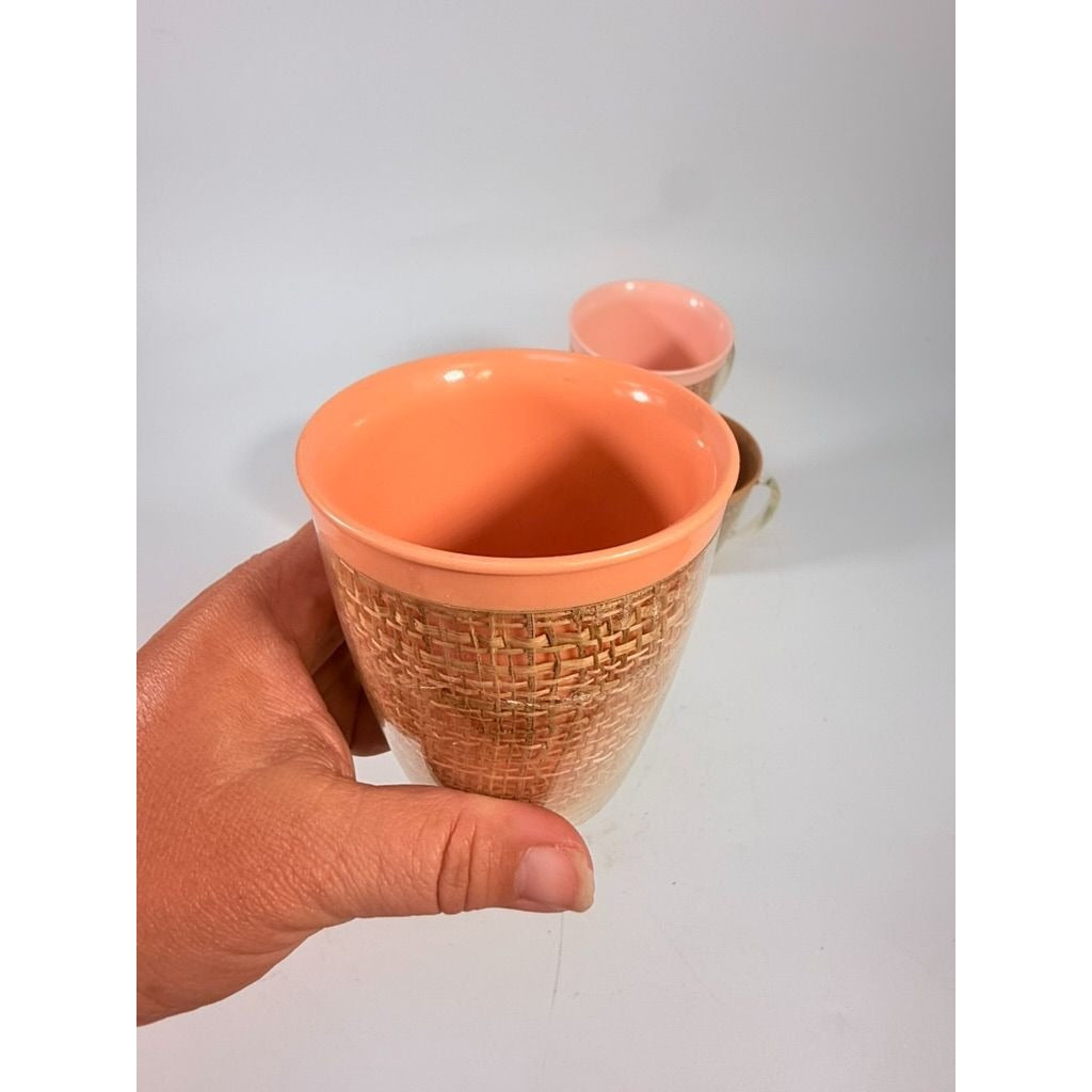 Coffee Mugs Raffiaware Thermal Insulated Melmac Burlap 3.5” Pastels MCM Set of 5 Clear Handle Tiki Barware Serveware Mid Century Kitchen