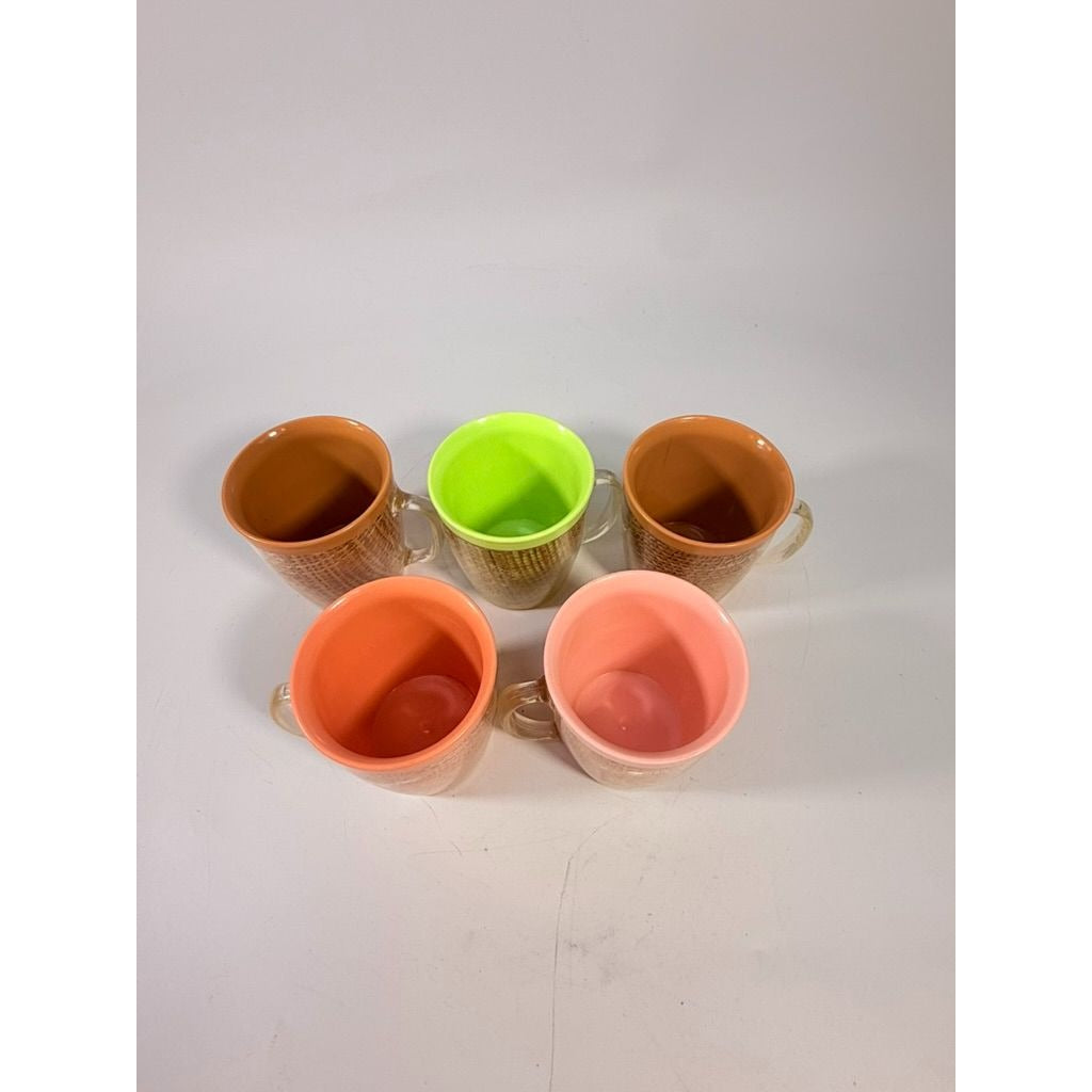 Coffee Mugs Raffiaware Thermal Insulated Melmac Burlap 3.5” Pastels MCM Set of 5 Clear Handle Tiki Barware Serveware Mid Century Kitchen