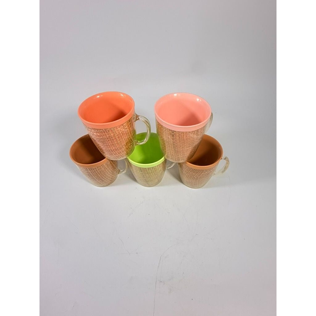 Coffee Mugs Raffiaware Thermal Insulated Melmac Burlap 3.5” Pastels MCM Set of 5 Clear Handle Tiki Barware Serveware Mid Century Kitchen