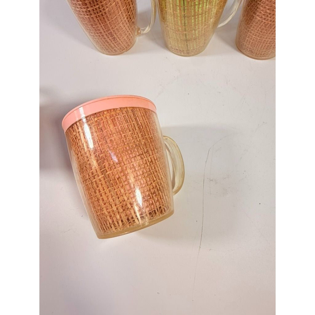Coffee Mugs Raffiaware Thermal Insulated Melmac Burlap 3.5” Pastels MCM Set of 5 Clear Handle Tiki Barware Serveware Mid Century Kitchen