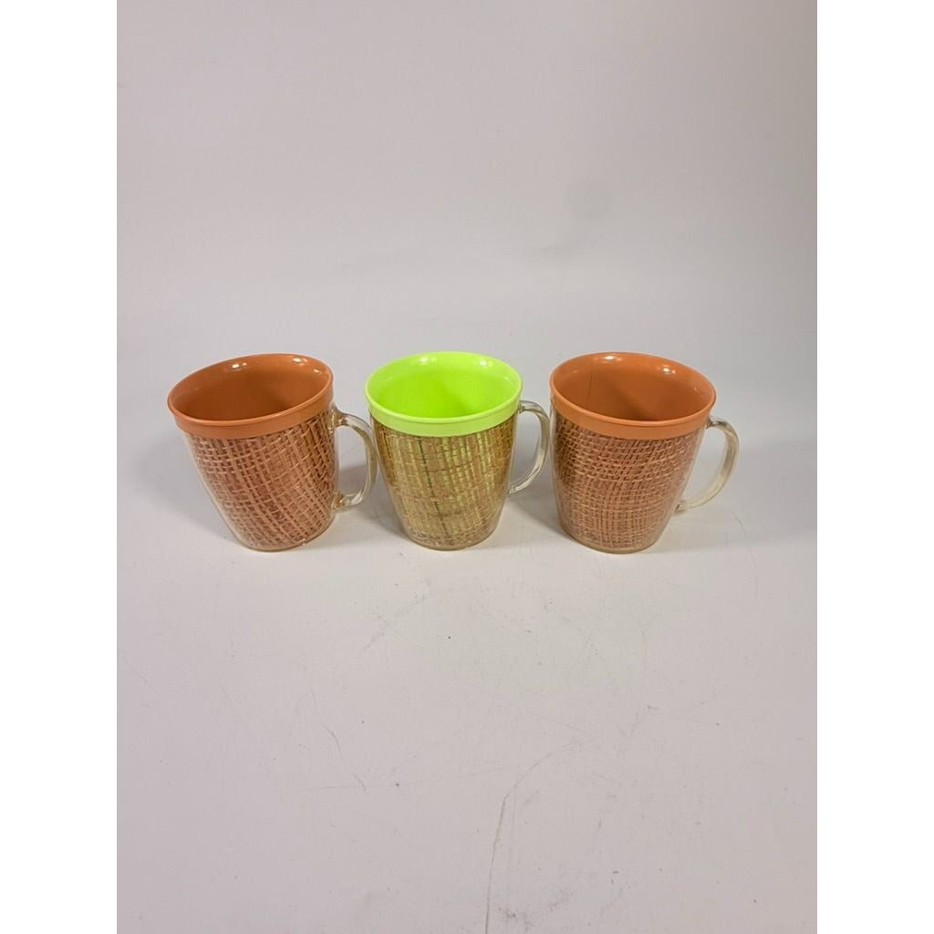 Coffee Mugs Raffiaware Thermal Insulated Melmac Burlap 3.5” Pastels MCM Set of 5 Clear Handle Tiki Barware Serveware Mid Century Kitchen