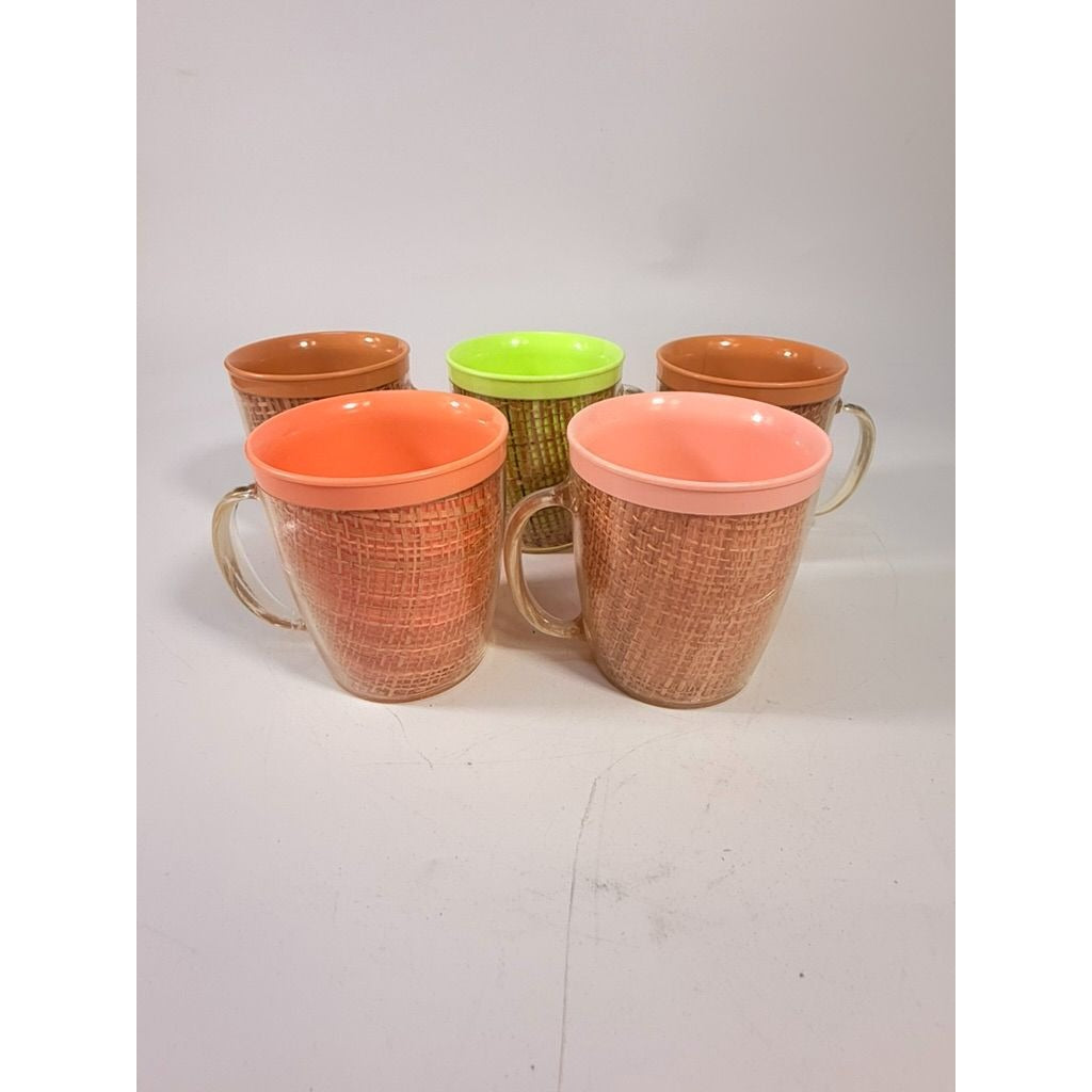 Coffee Mugs Raffiaware Thermal Insulated Melmac Burlap 3.5” Pastels MCM Set of 5 Clear Handle Tiki Barware Serveware Mid Century Kitchen