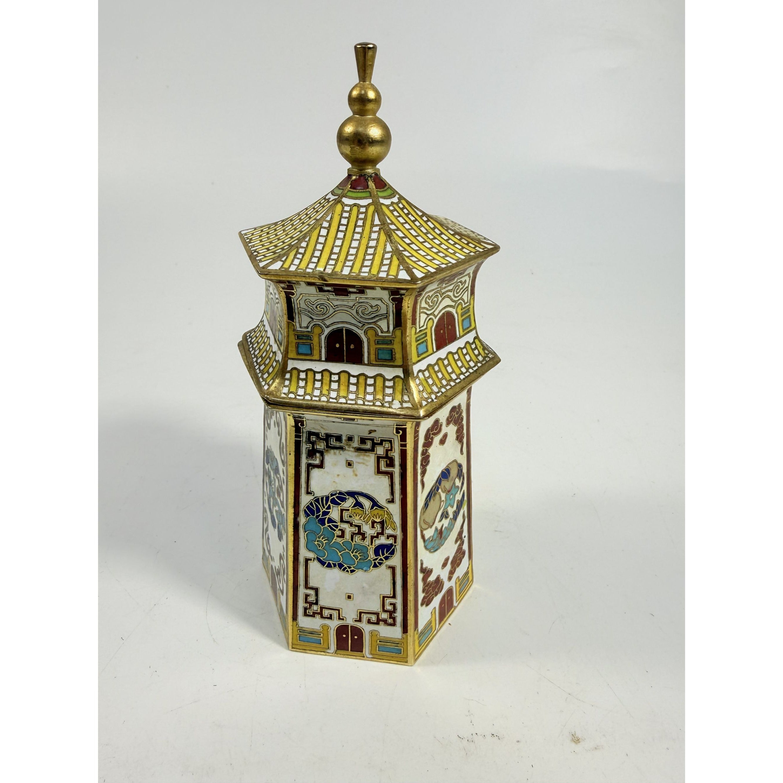 Brass Cloisonné Tobacco Leaf  Jar Chinosiere Asian Oriental Enamel box Temple Pagoda Flowers Vintage Home Shelf Decor Decorative Accents