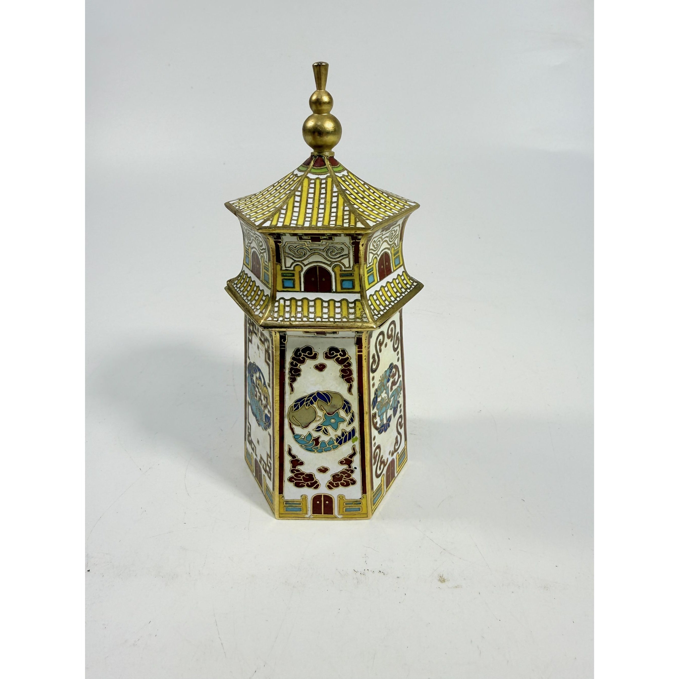 Brass Cloisonné Tobacco Leaf  Jar Chinosiere Asian Oriental Enamel box Temple Pagoda Flowers Vintage Home Shelf Decor Decorative Accents