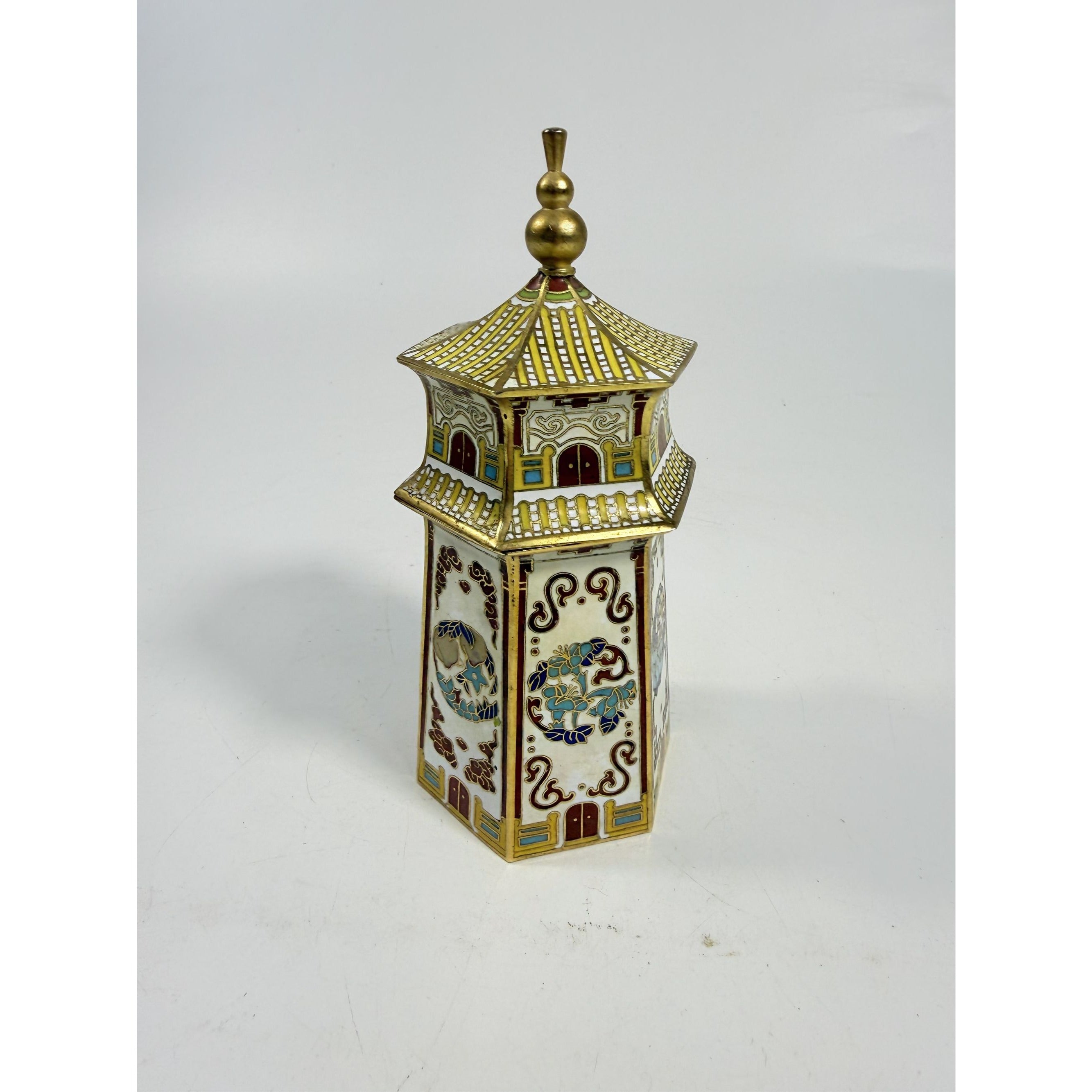 Brass Cloisonné Tobacco Leaf  Jar Chinosiere Asian Oriental Enamel box Temple Pagoda Flowers Vintage Home Shelf Decor Decorative Accents