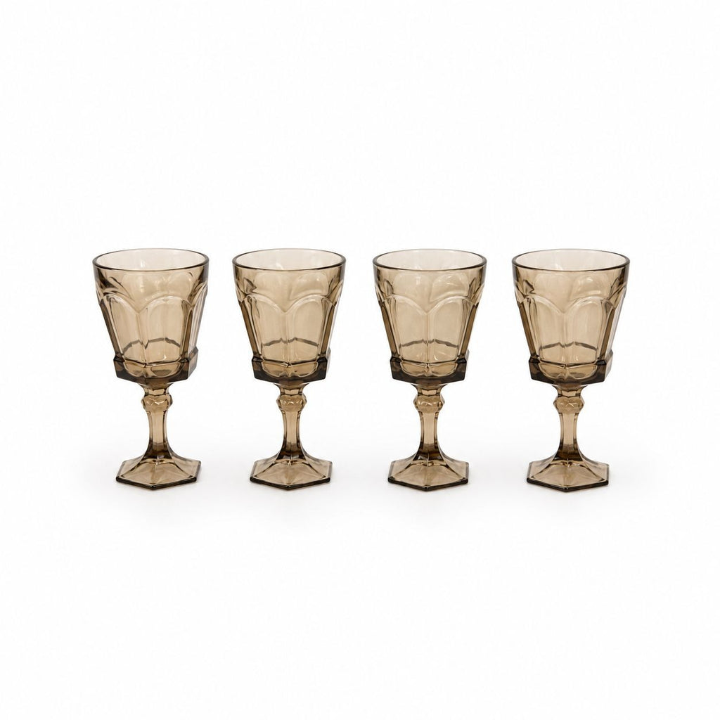 Water Goblets Stemmed Paneled Fostoria Virginia Smoky Brown Set 4 Mid Century Vintage Wine Drinking glasses Barware Drinkware Replacement