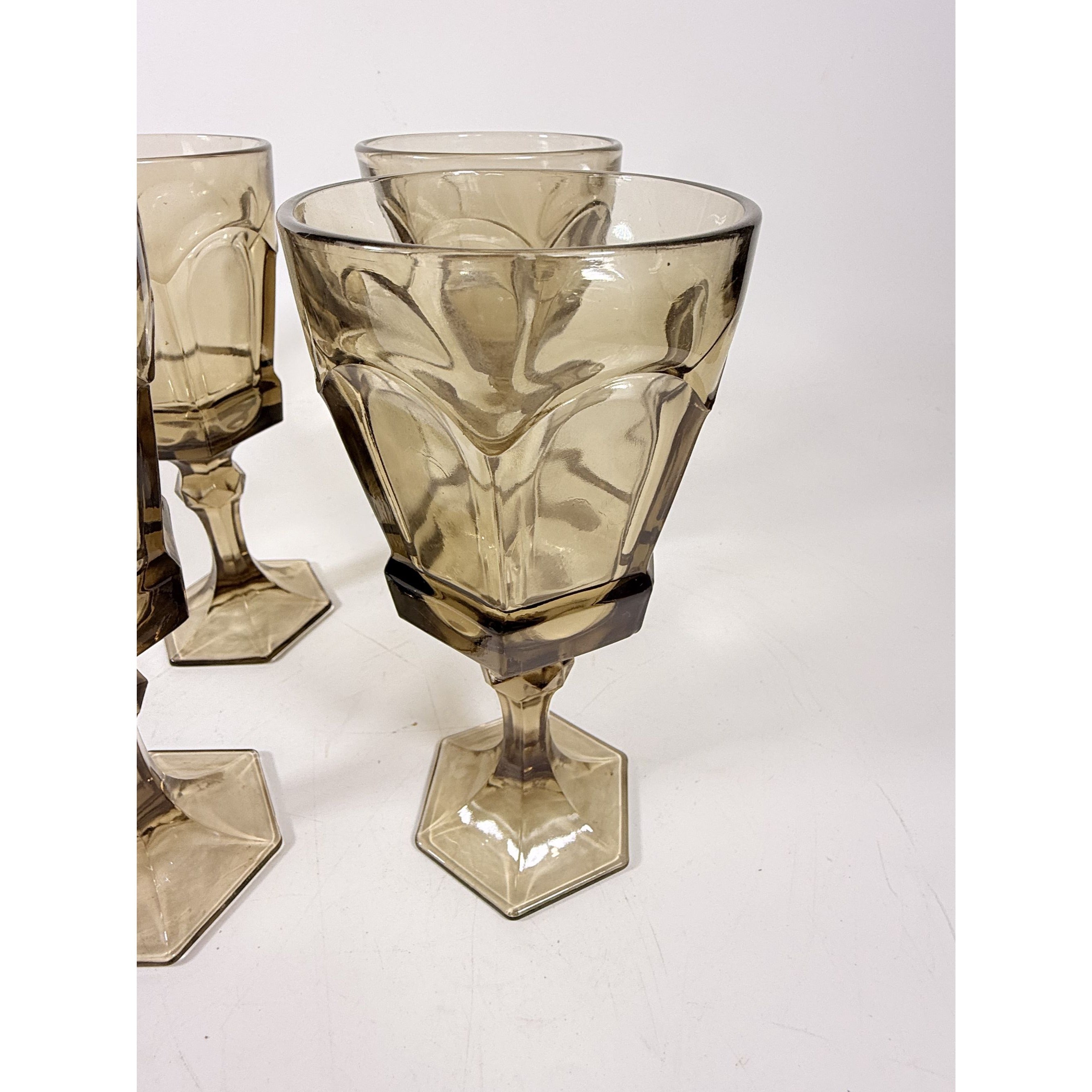 Water Goblets Stemmed Paneled Fostoria Virginia Smoky Brown Set 4 Mid Century Vintage Wine Drinking glasses Barware Drinkware Replacement