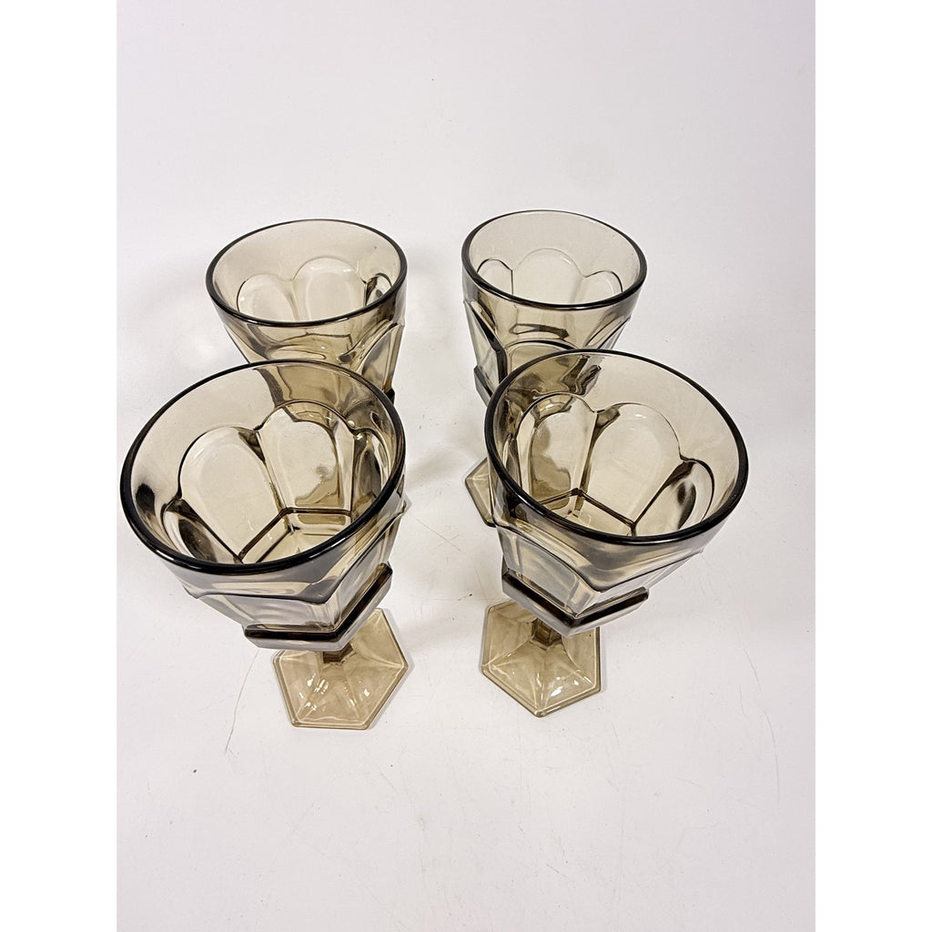 Water Goblets Stemmed Paneled Fostoria Virginia Smoky Brown Set 4 Mid Century Vintage Wine Drinking glasses Barware Drinkware Replacement