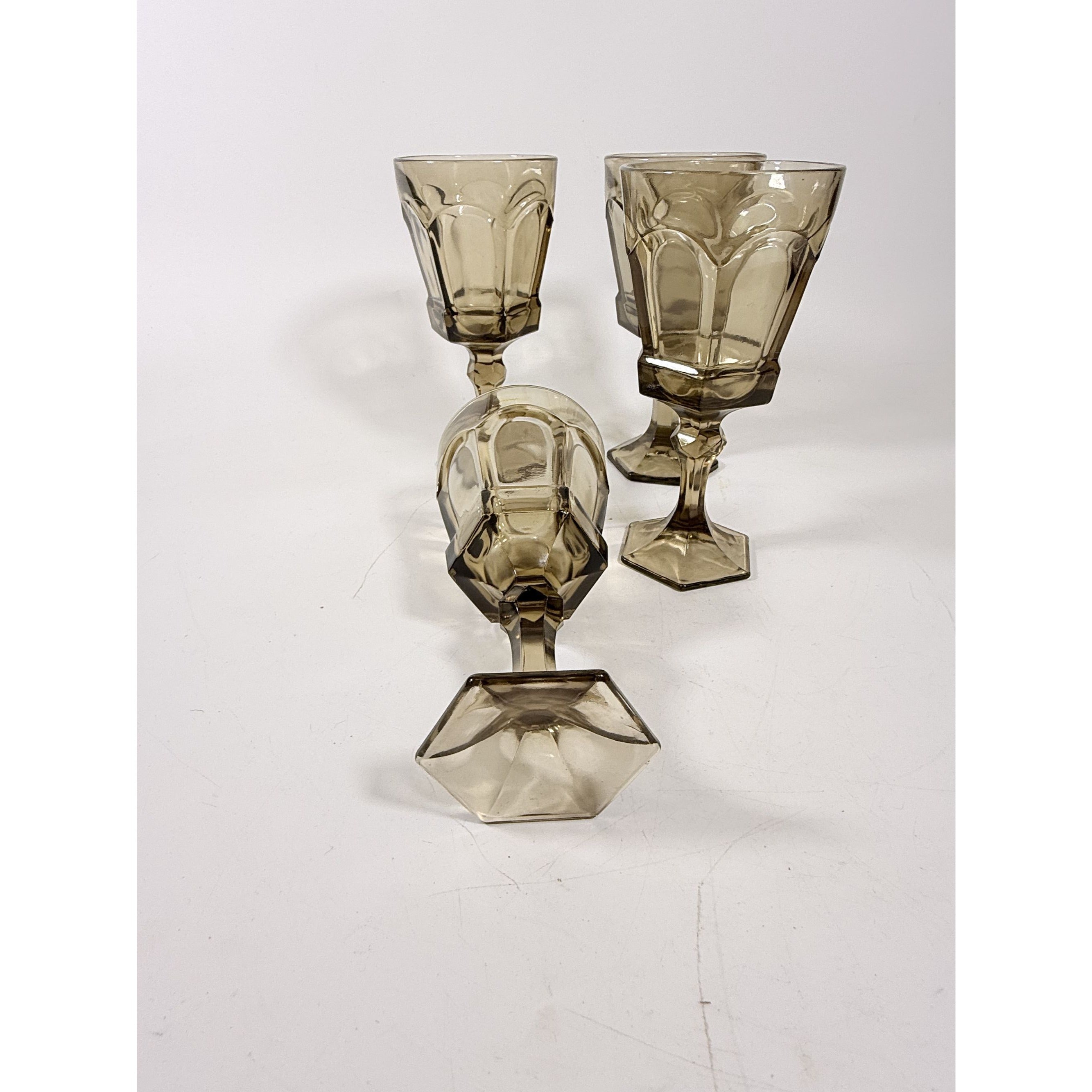 Water Goblets Stemmed Paneled Fostoria Virginia Smoky Brown Set 4 Mid Century Vintage Wine Drinking glasses Barware Drinkware Replacement