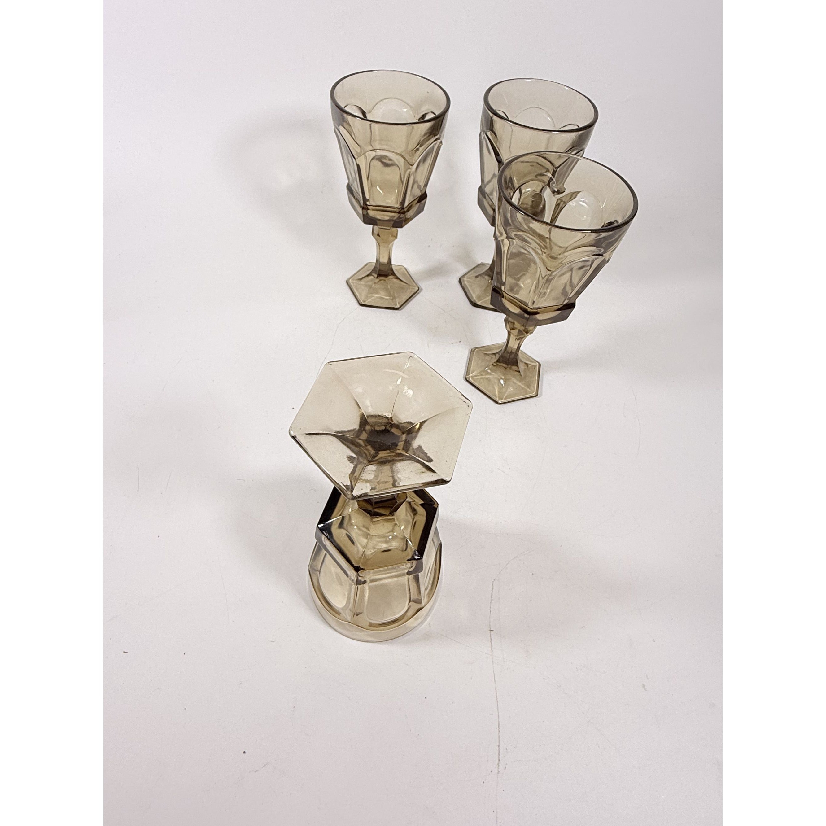 Water Goblets Stemmed Paneled Fostoria Virginia Smoky Brown Set 4 Mid Century Vintage Wine Drinking glasses Barware Drinkware Replacement