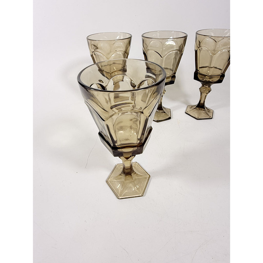 Water Goblets Stemmed Paneled Fostoria Virginia Smoky Brown Set 4 Mid Century Vintage Wine Drinking glasses Barware Drinkware Replacement