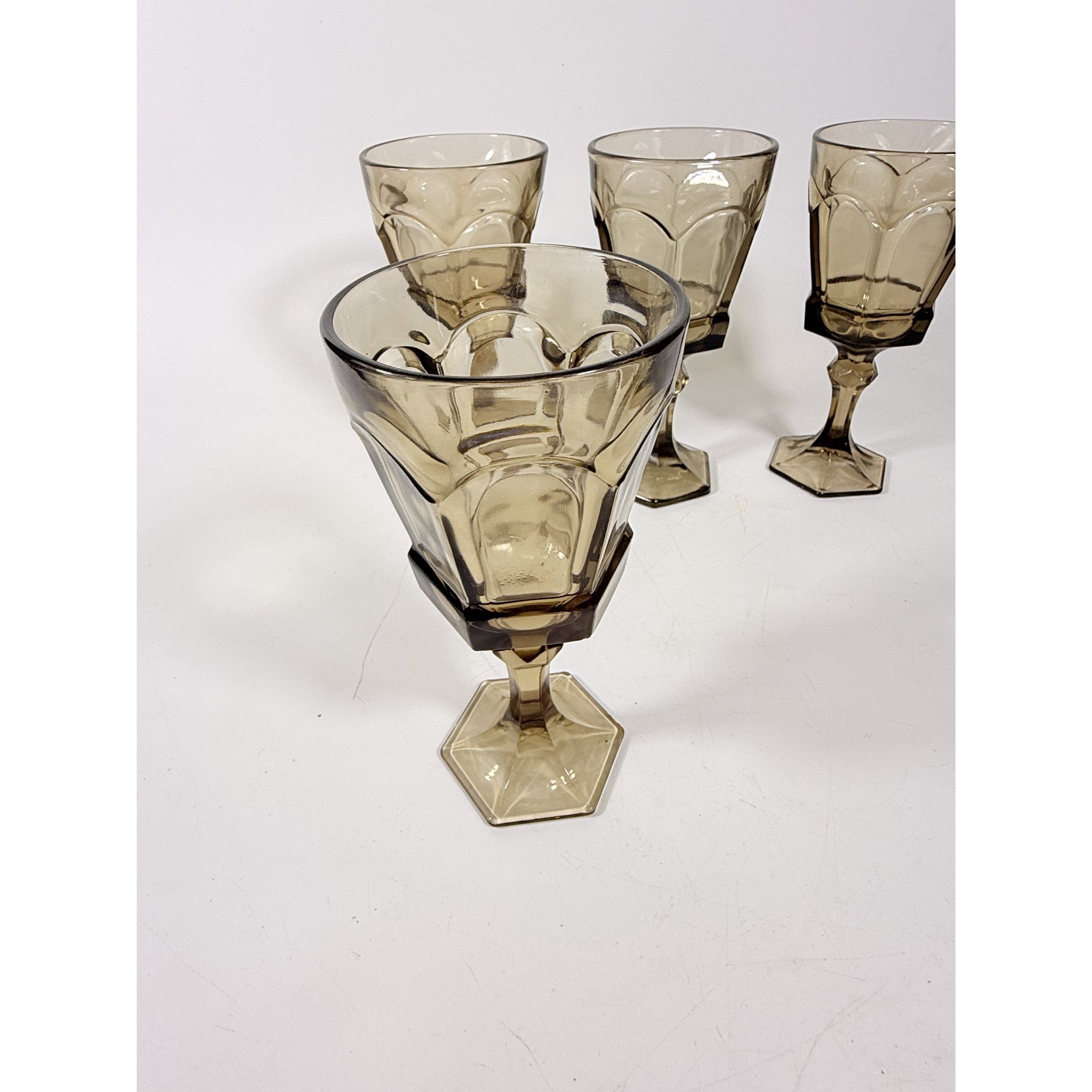 Water Goblets Stemmed Paneled Fostoria Virginia Smoky Brown Set 4 Mid Century Vintage Wine Drinking glasses Barware Drinkware Replacement