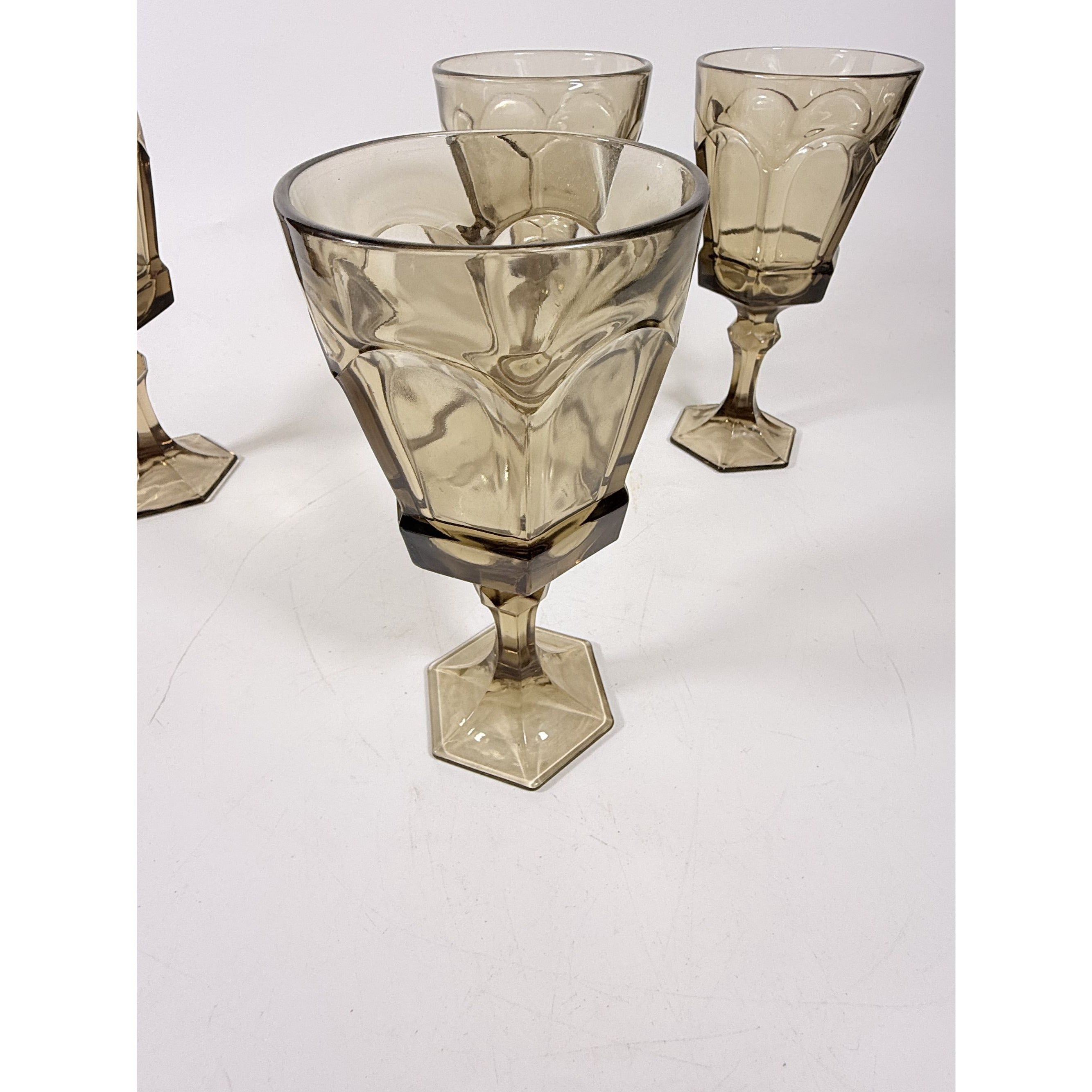 Water Goblets Stemmed Paneled Fostoria Virginia Smoky Brown Set 4 Mid Century Vintage Wine Drinking glasses Barware Drinkware Replacement