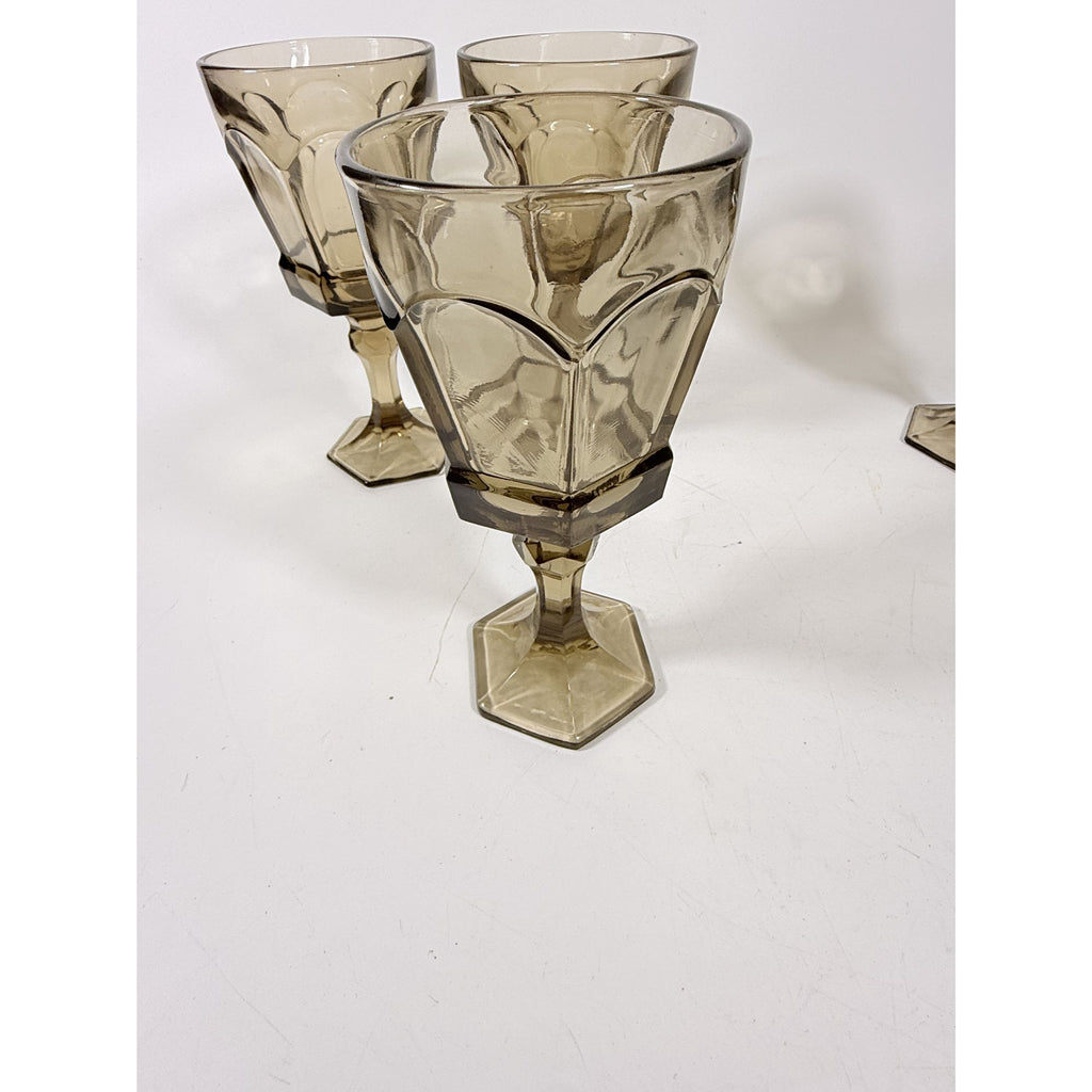 Water Goblets Stemmed Paneled Fostoria Virginia Smoky Brown Set 4 Mid Century Vintage Wine Drinking glasses Barware Drinkware Replacement