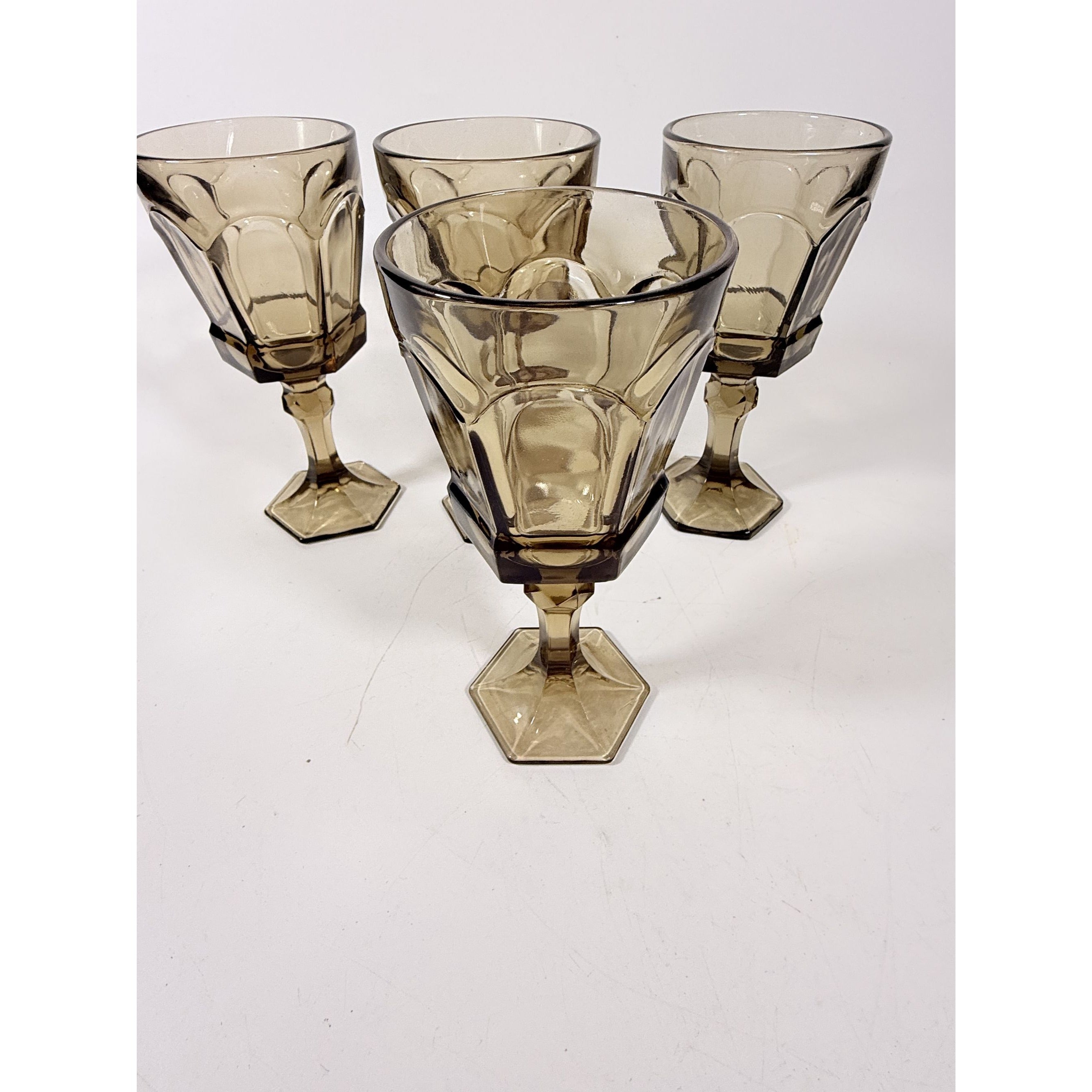 Water Goblets Stemmed Paneled Fostoria Virginia Smoky Brown Set 4 Mid Century Vintage Wine Drinking glasses Barware Drinkware Replacement