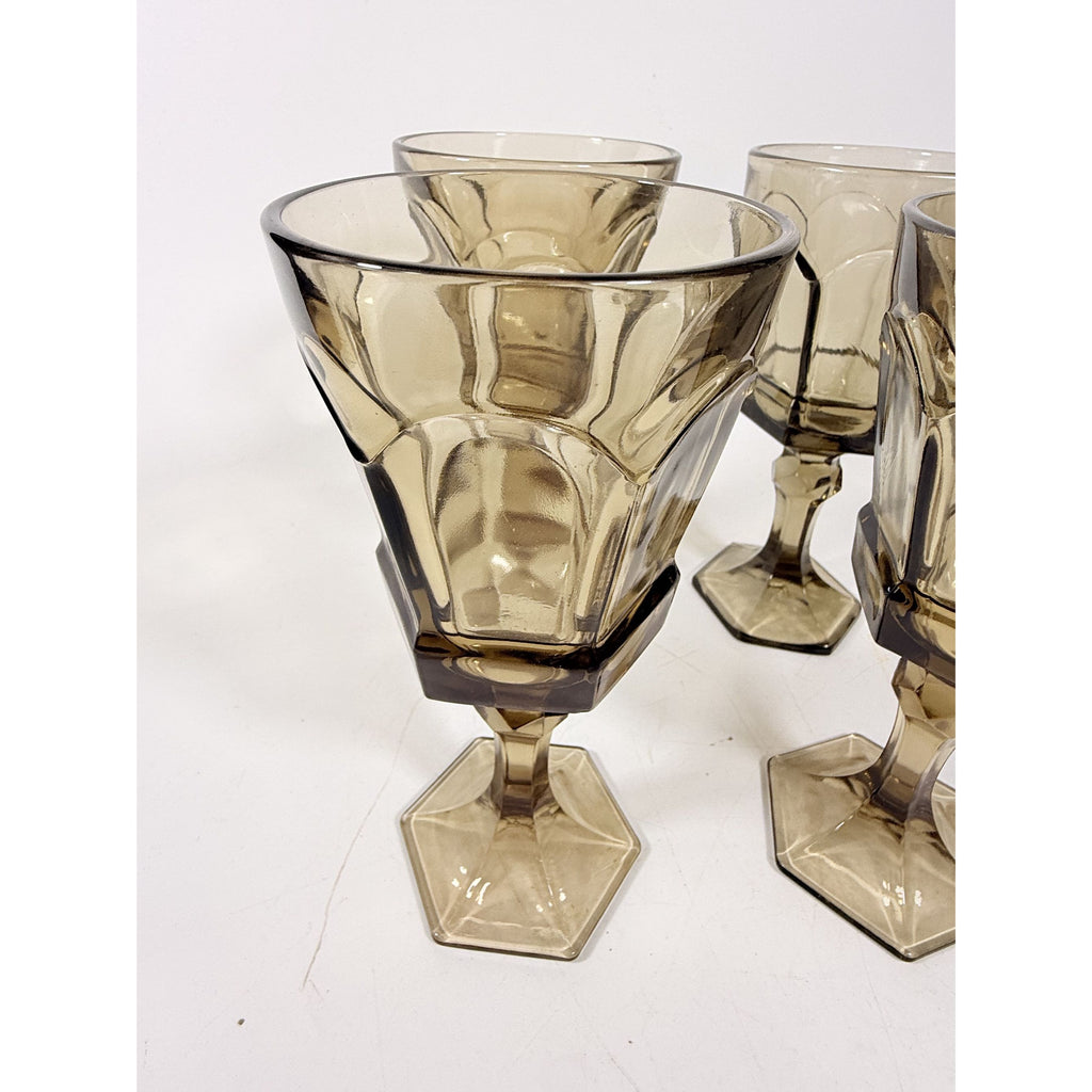 Water Goblets Stemmed Paneled Fostoria Virginia Smoky Brown Set 4 Mid Century Vintage Wine Drinking glasses Barware Drinkware Replacement