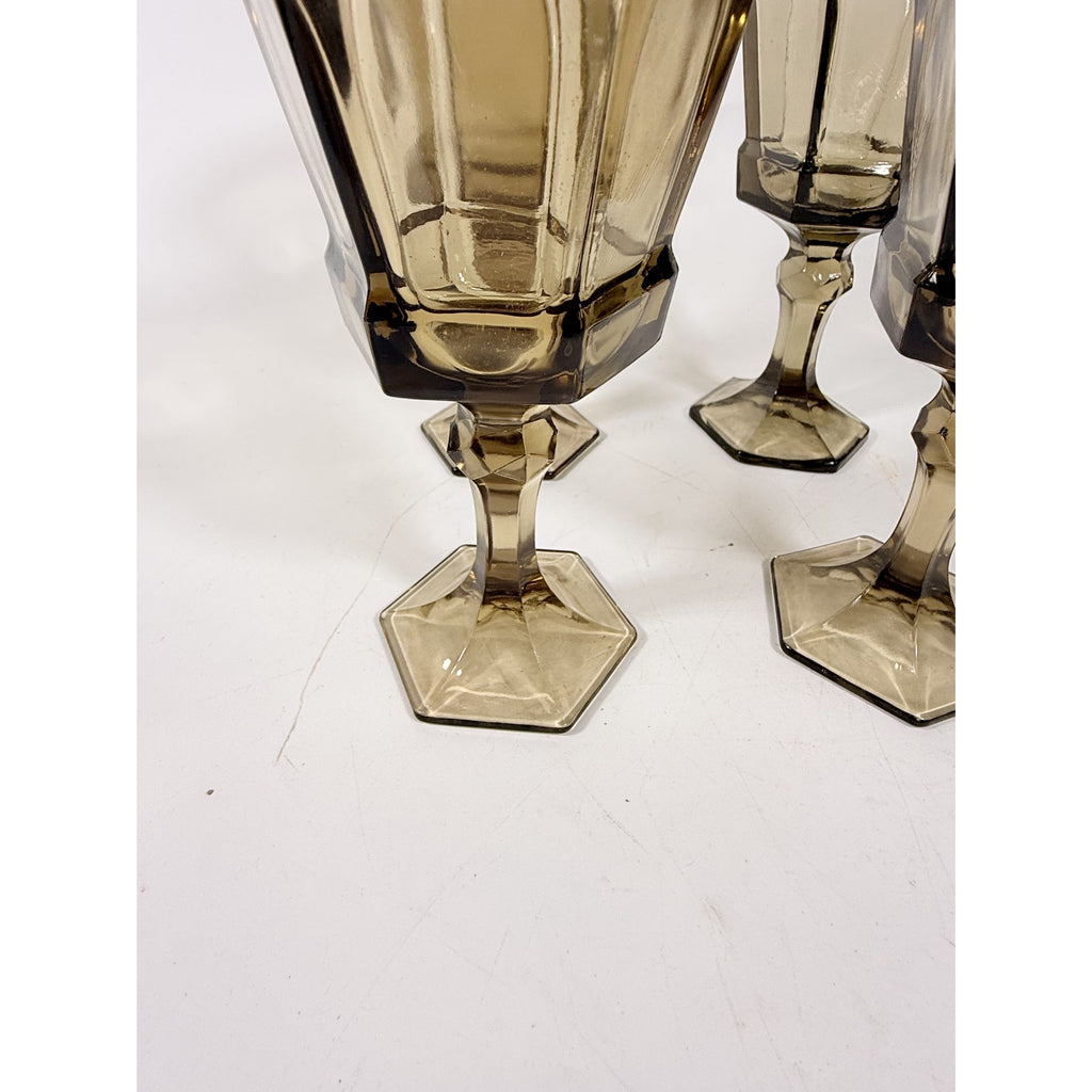 Water Goblets Stemmed Paneled Fostoria Virginia Smoky Brown Set 4 Mid Century Vintage Wine Drinking glasses Barware Drinkware Replacement