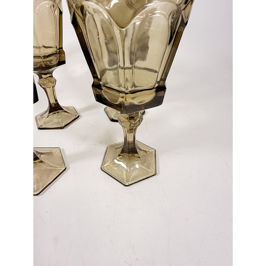Water Goblets Stemmed Paneled Fostoria Virginia Smoky Brown Set 4 Mid Century Vintage Wine Drinking glasses Barware Drinkware Replacement