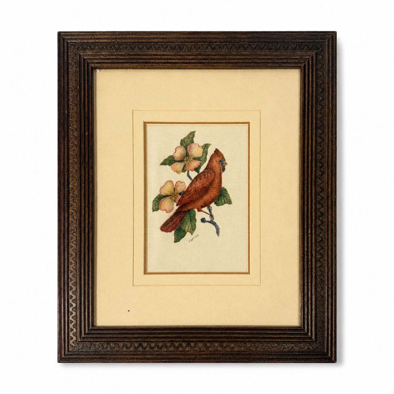 Framed Art Cardinal and Dogwood NC State Flower Bird Vintage Hand Painted Artist Signed Wood FrameHome Wall Decor Decorative Accents