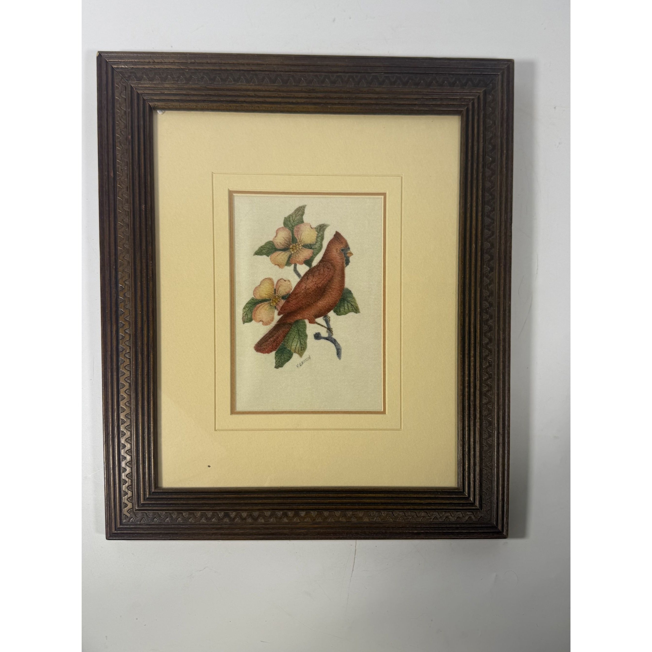 Framed Art Cardinal and Dogwood NC State Flower Bird Vintage Hand Painted Artist Signed Wood FrameHome Wall Decor Decorative Accents