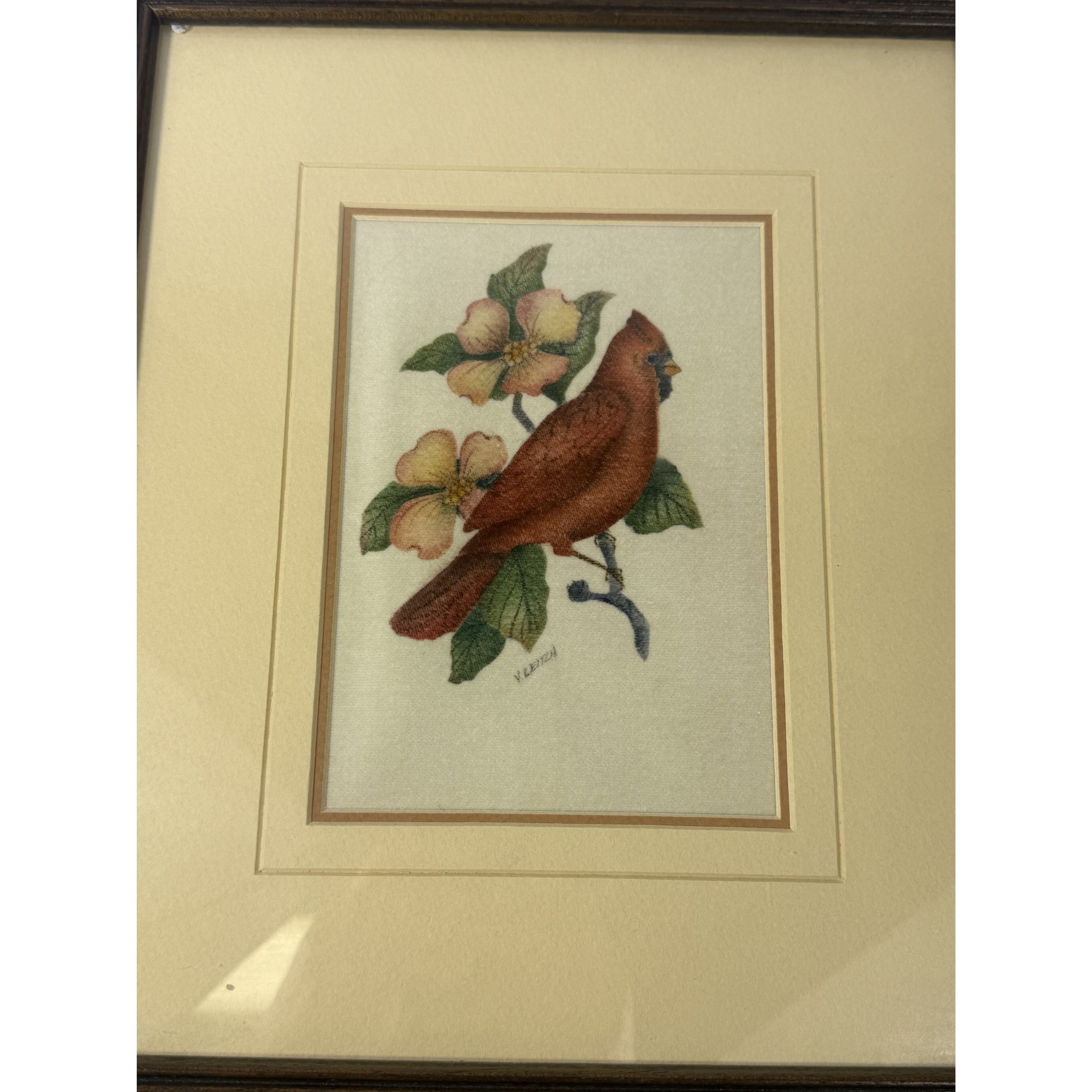 Framed Art Cardinal and Dogwood NC State Flower Bird Vintage Hand Painted Artist Signed Wood FrameHome Wall Decor Decorative Accents