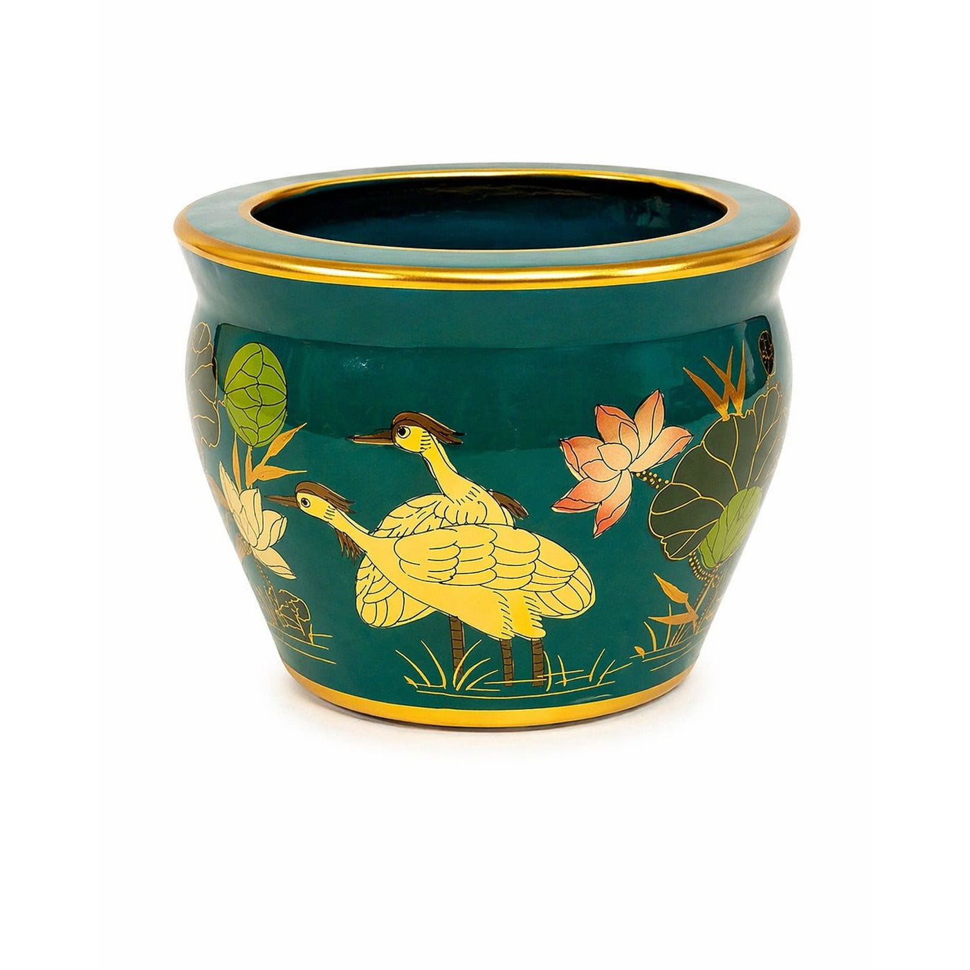 Jardiniere Cachepot Planter Hand Painted Birds Porcelain Ceramic Import Vintage Chinosiere Painted Indoor Flower Pot - Flowers Floral Gold