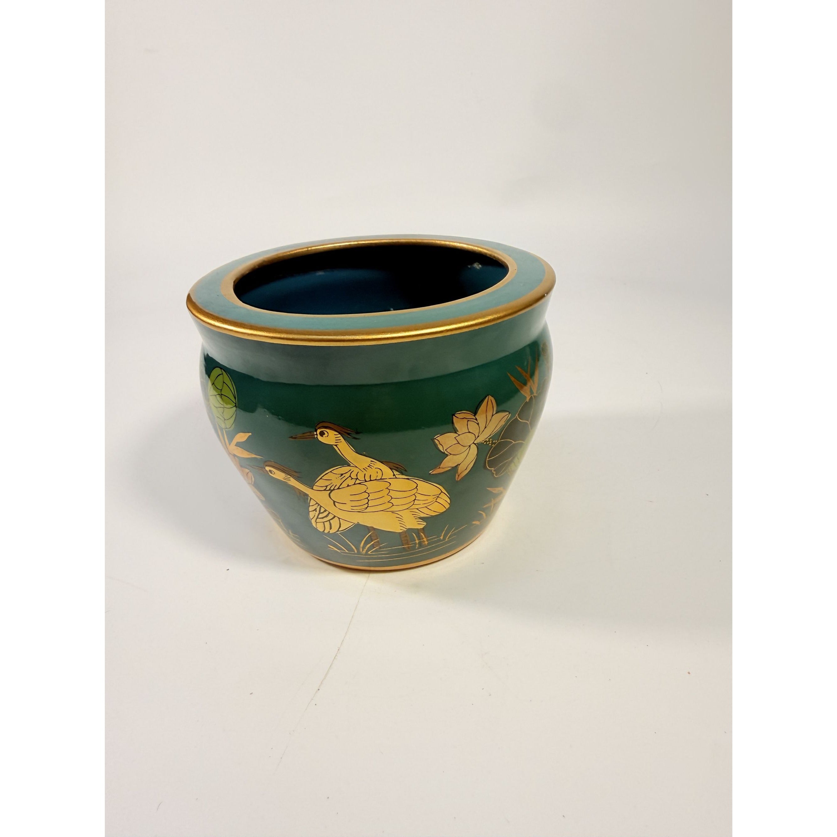 Jardiniere Cachepot Planter Hand Painted Birds Porcelain Ceramic Import Vintage Chinosiere Painted Indoor Flower Pot - Flowers Floral Gold