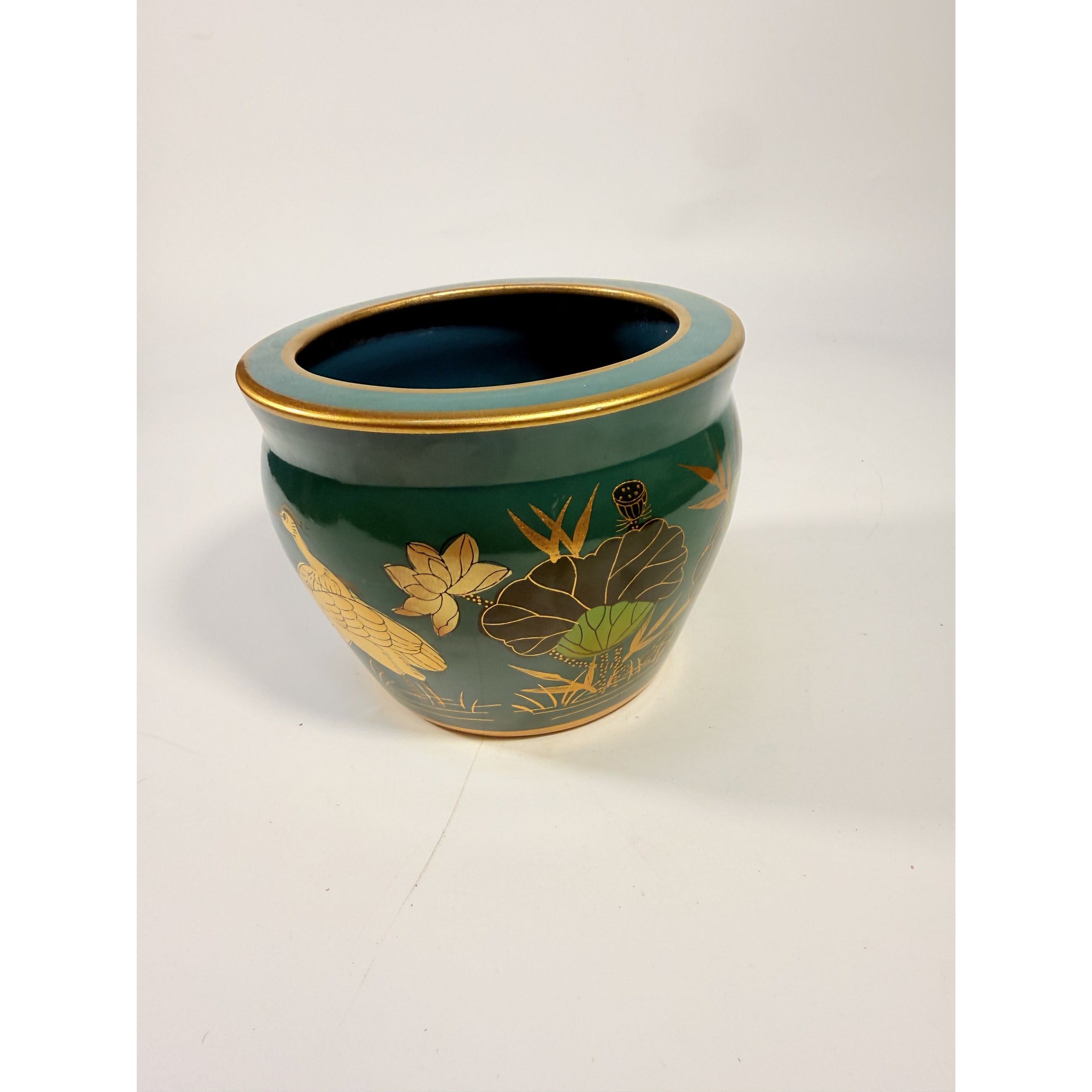 Jardiniere Cachepot Planter Hand Painted Birds Porcelain Ceramic Import Vintage Chinosiere Painted Indoor Flower Pot - Flowers Floral Gold