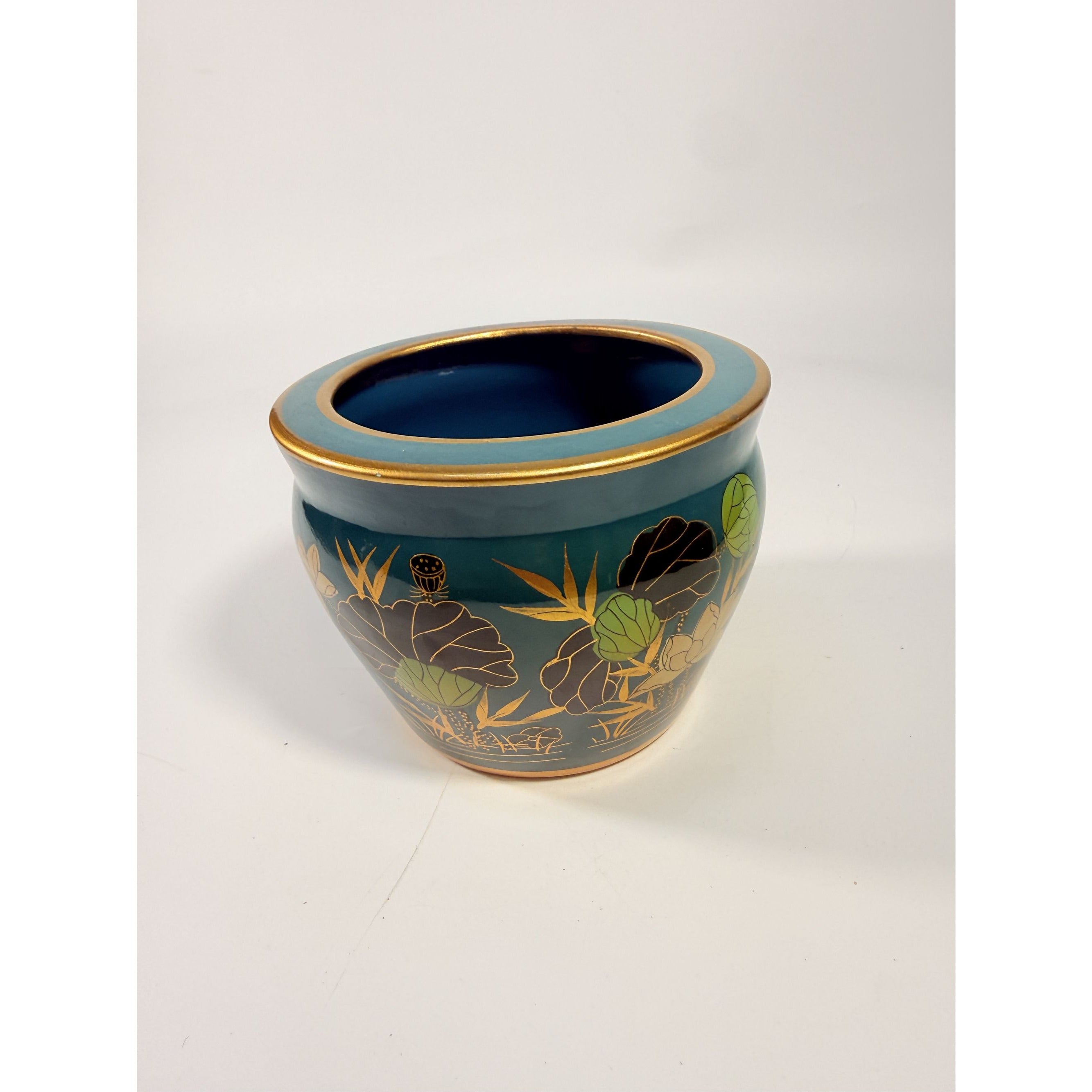 Jardiniere Cachepot Planter Hand Painted Birds Porcelain Ceramic Import Vintage Chinosiere Painted Indoor Flower Pot - Flowers Floral Gold