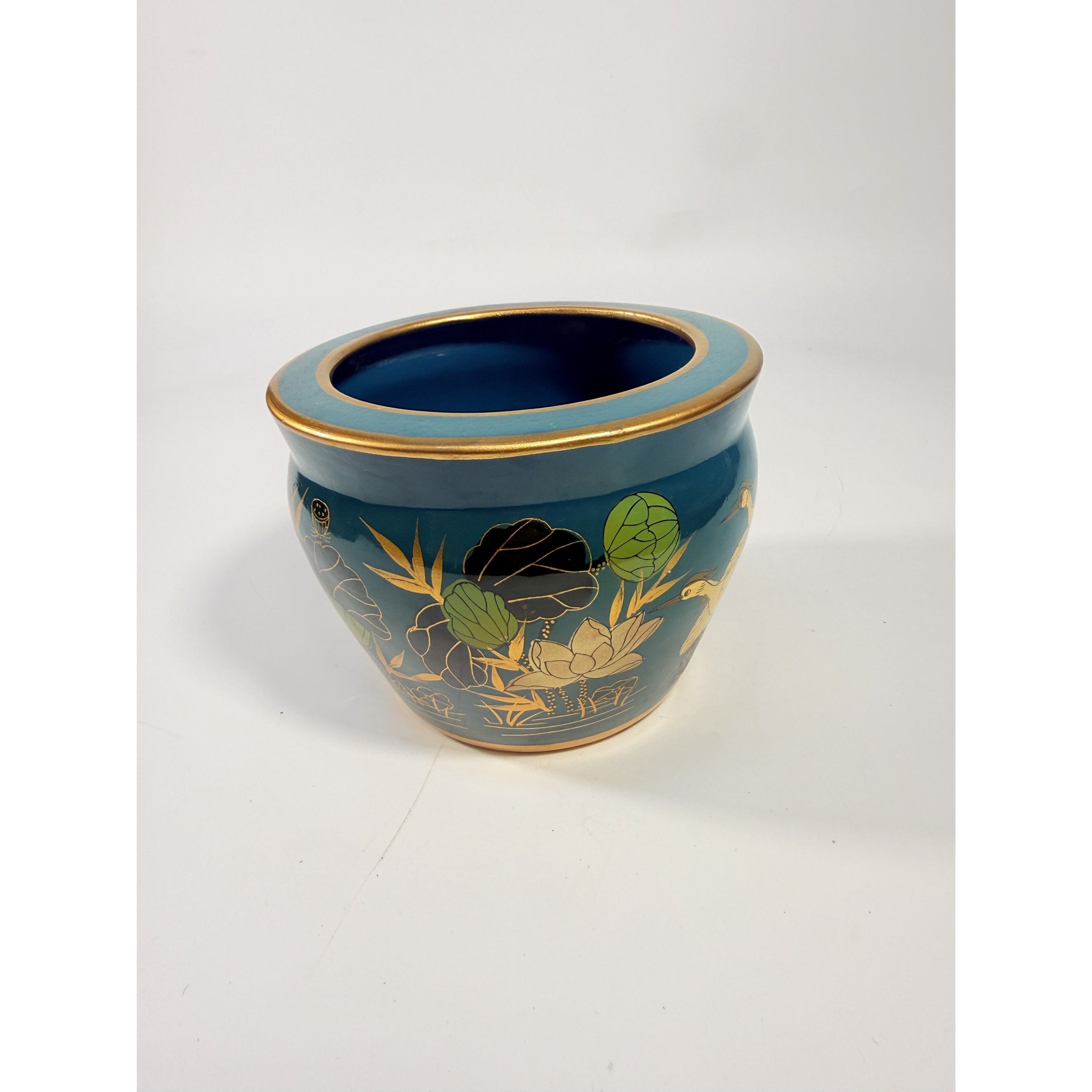 Jardiniere Cachepot Planter Hand Painted Birds Porcelain Ceramic Import Vintage Chinosiere Painted Indoor Flower Pot - Flowers Floral Gold