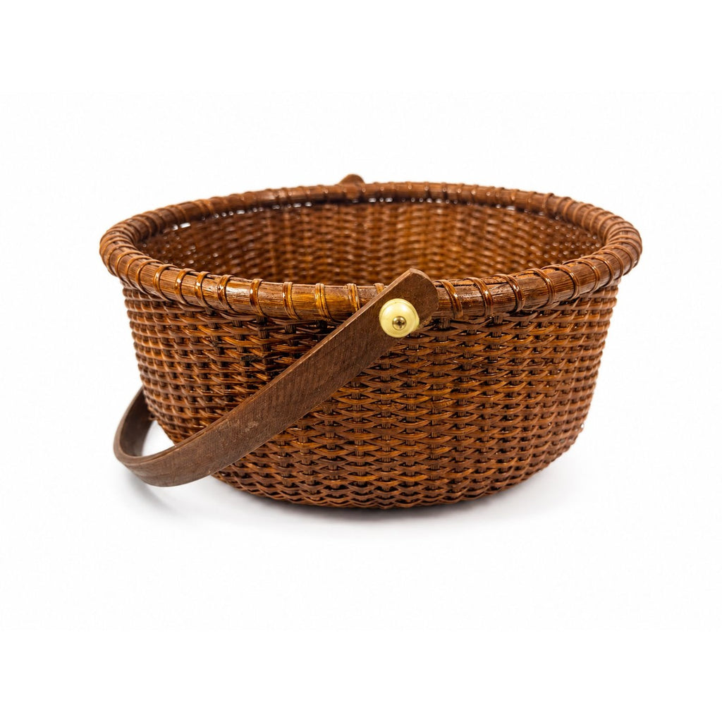 Nantucket lightship basket -Wicker Handled Handmade Wood Bottom Vintage collectible