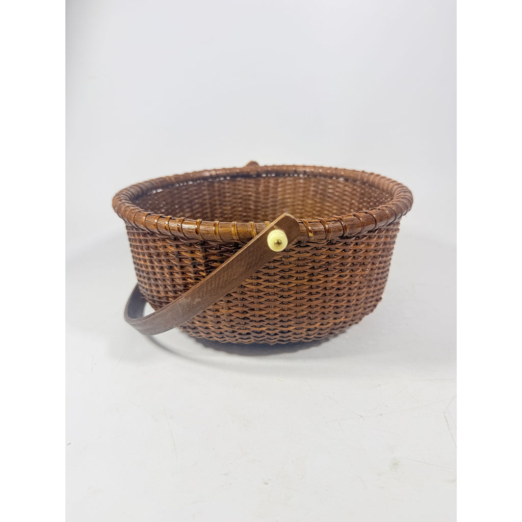 Nantucket lightship basket -Wicker Handled Handmade Wood Bottom Vintage collectible