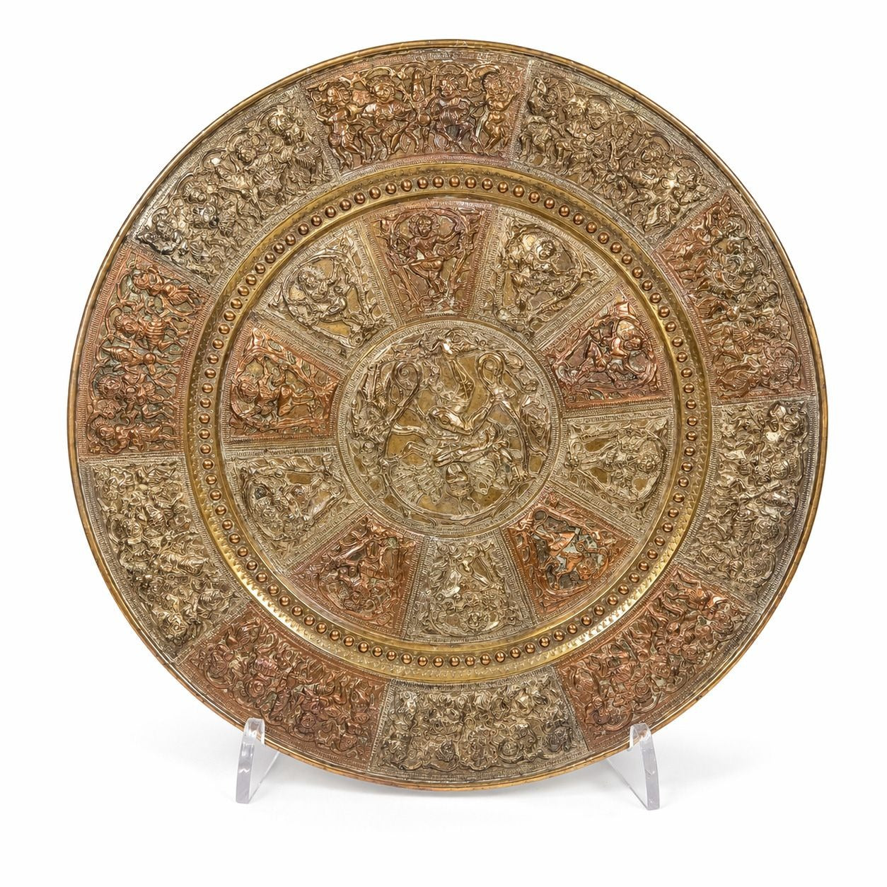 Thanjavur Wall Art Plate Charger Indian Tanjore Repousse Metal Vintage Antique Hand Forged Ganesha Shiva Hindu Brass, Copper, Silver India